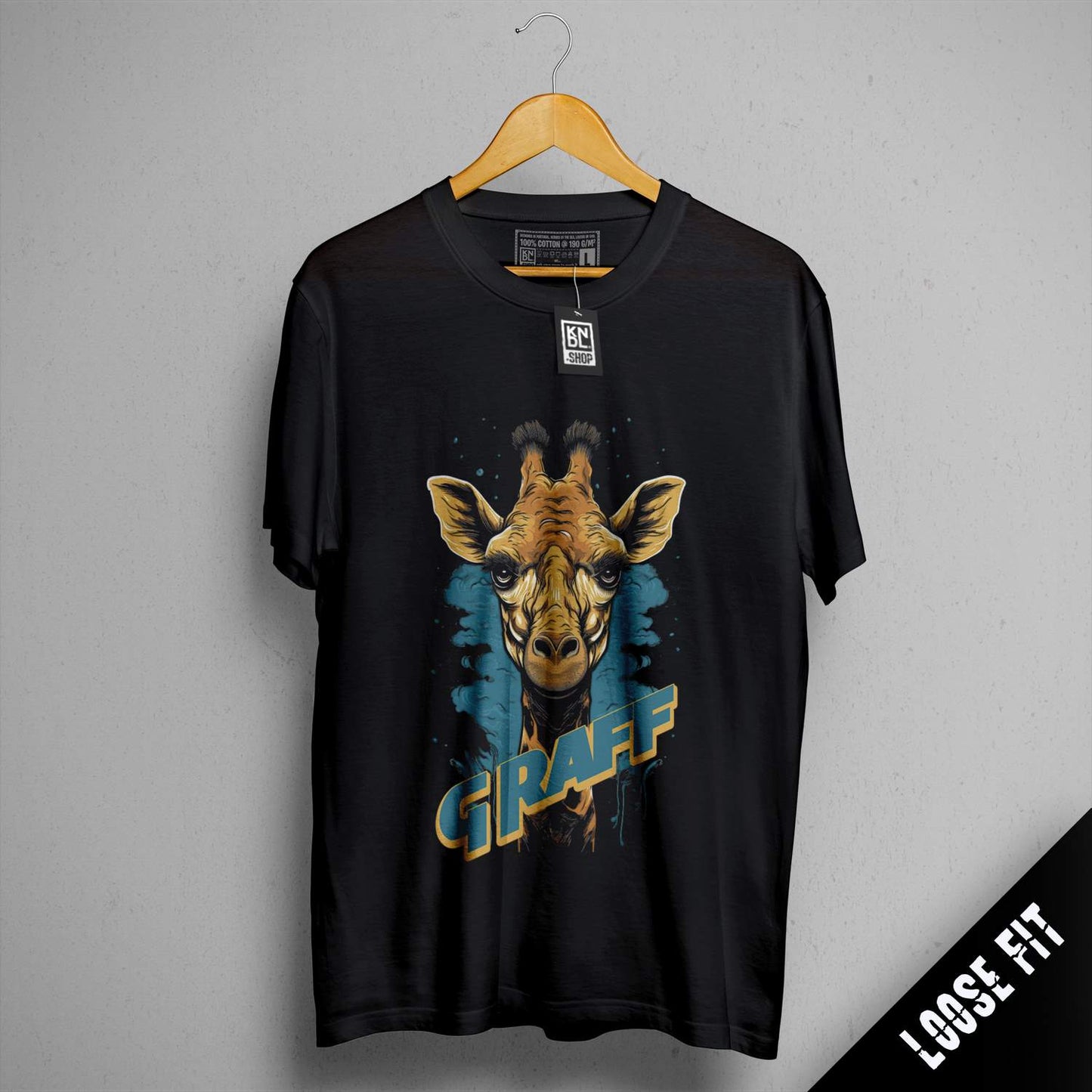 a black shirt with a picture of a giraffe on it