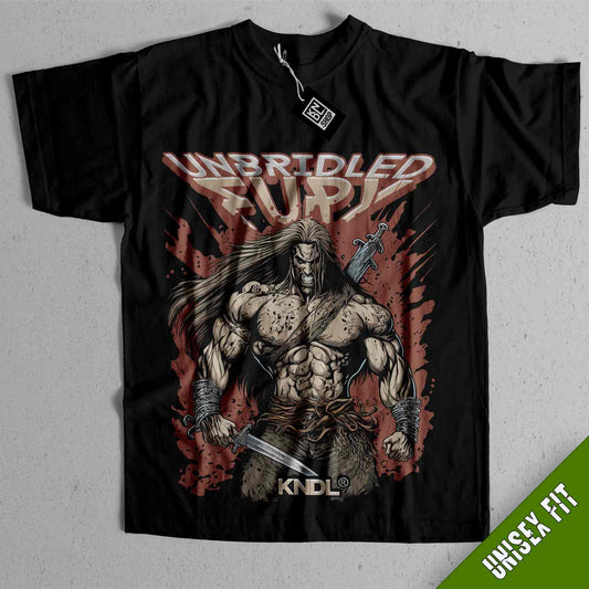 a black shirt with a picture of a man holding a sword