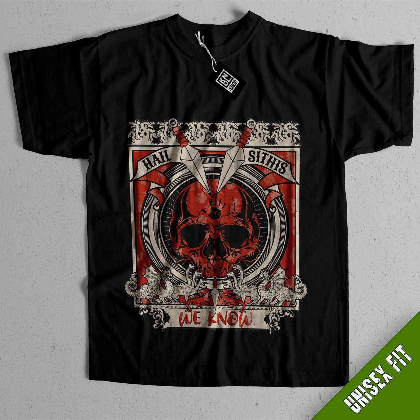 a black shirt with a red skull on it