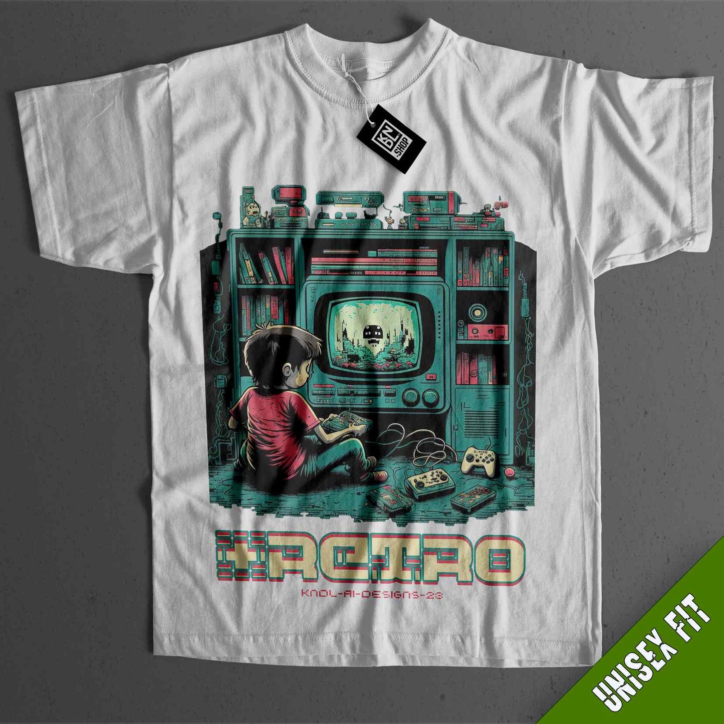 a t - shirt with an image of a person sitting in front of a tv