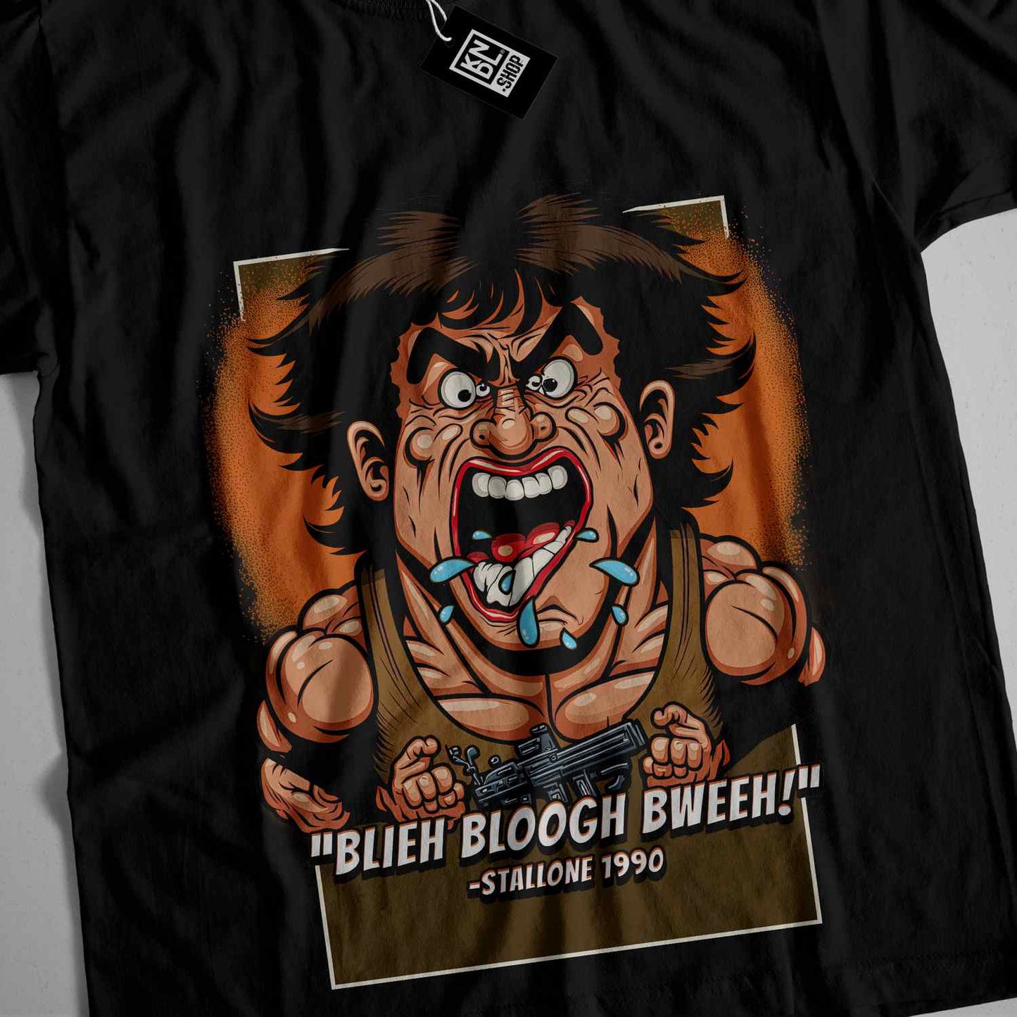 a black t - shirt with an image of a man holding a gun