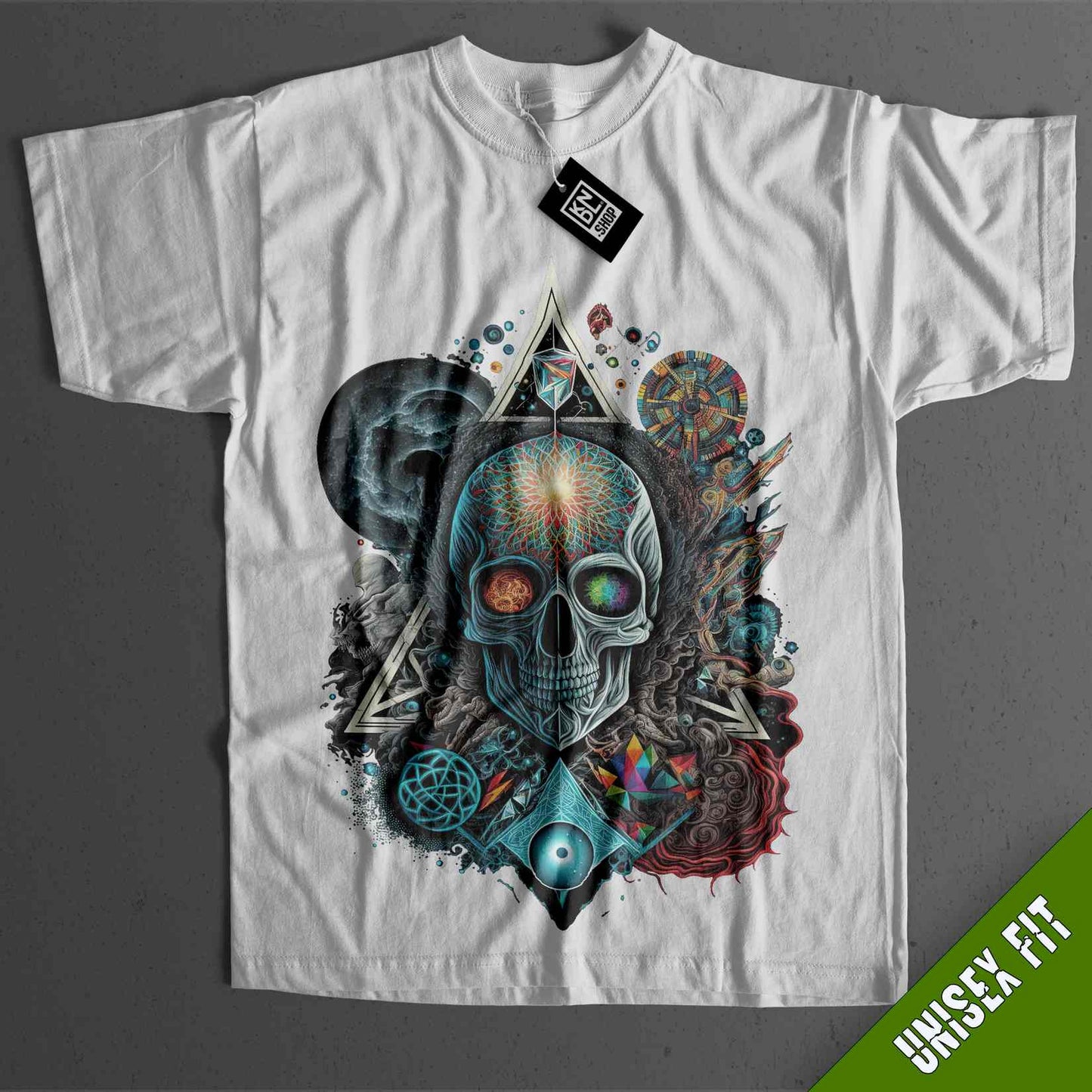 a white t - shirt with a picture of a skull on it