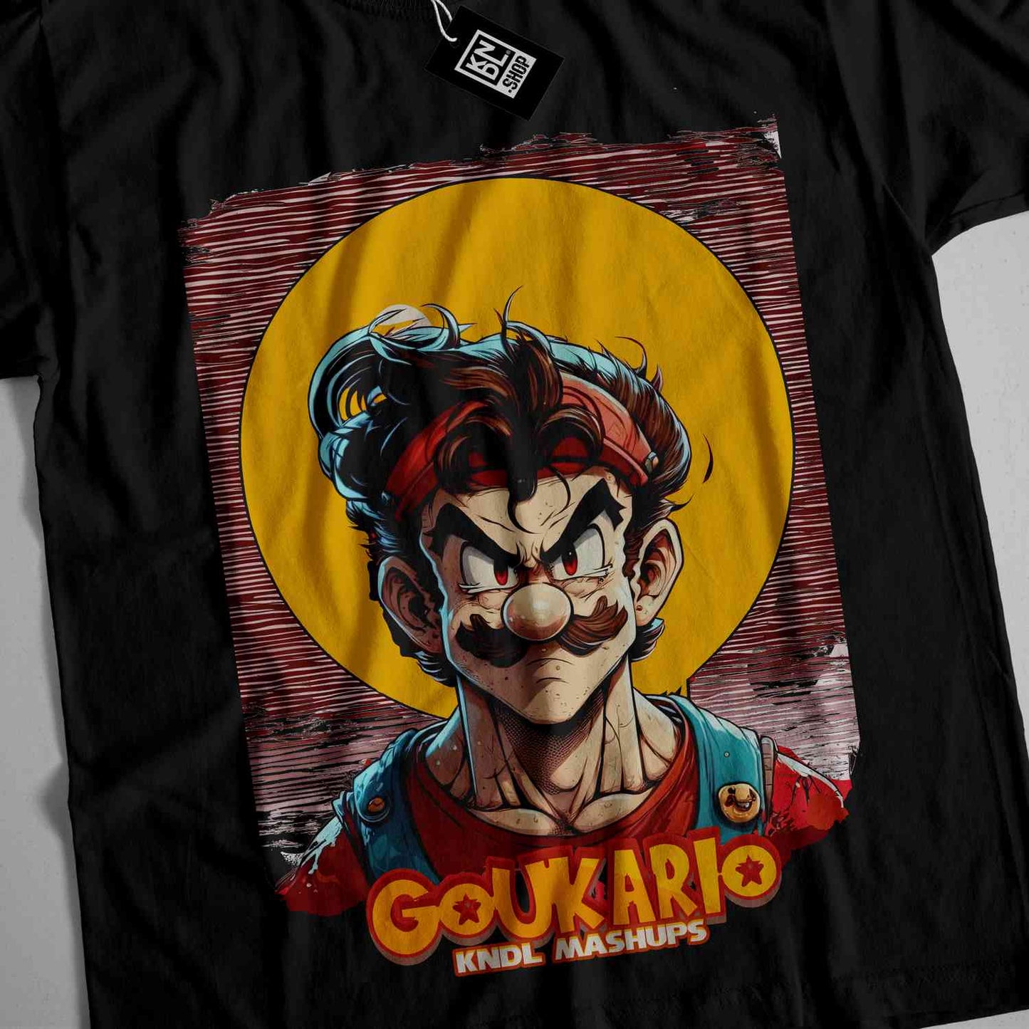 a black t - shirt with a picture of a man with a moustache
