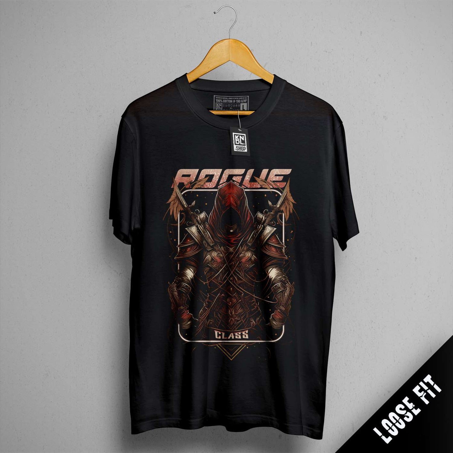 a black t - shirt with a picture of two knights on it
