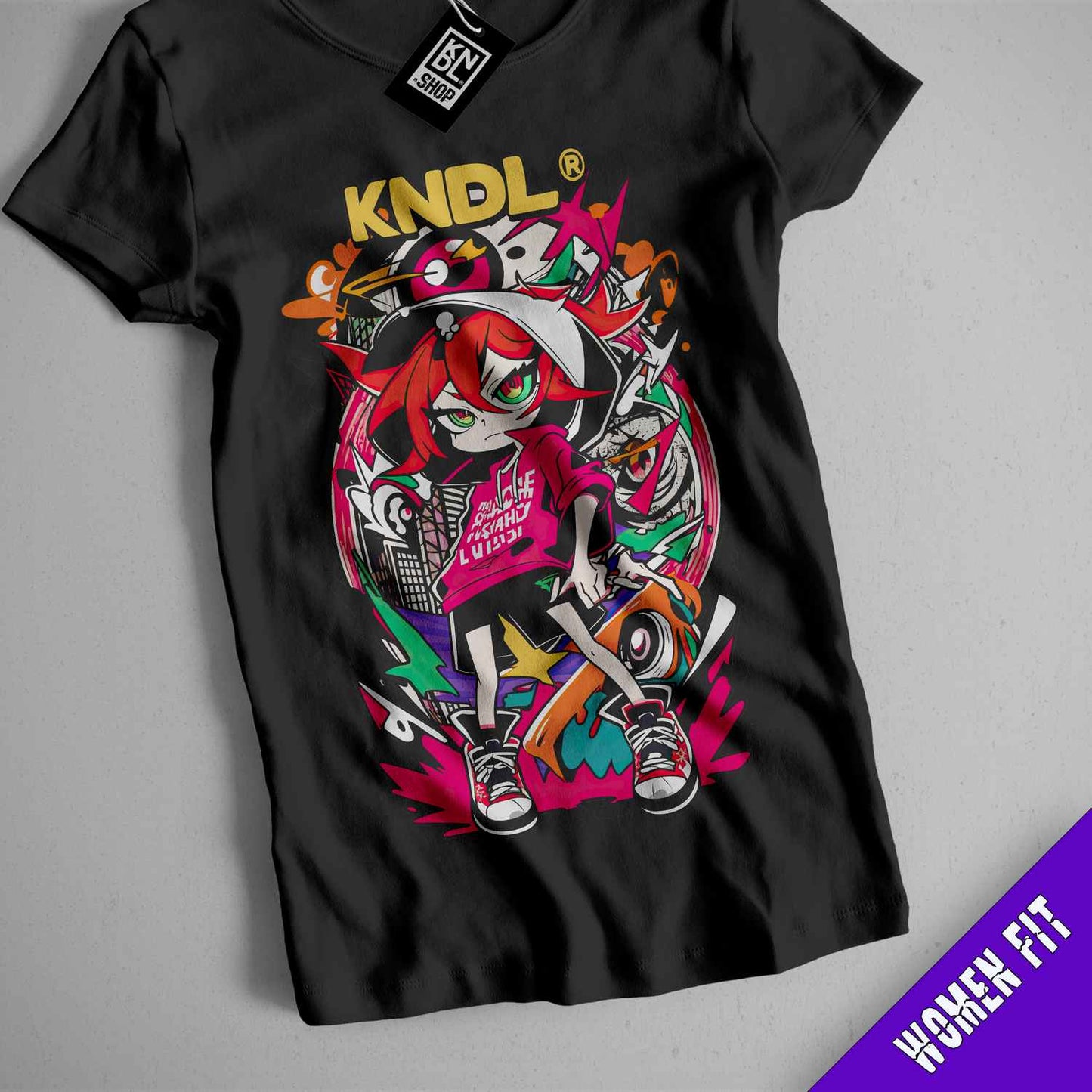 a t - shirt with a picture of a girl riding a skateboard
