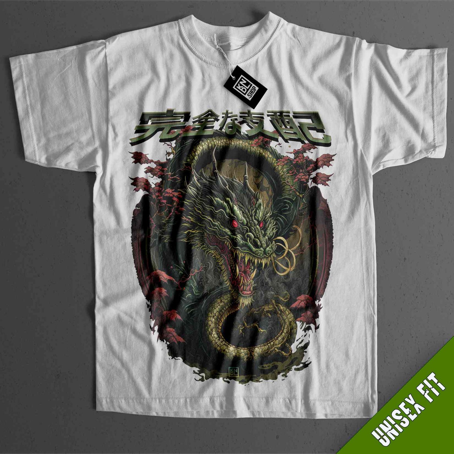 a white shirt with a dragon on it