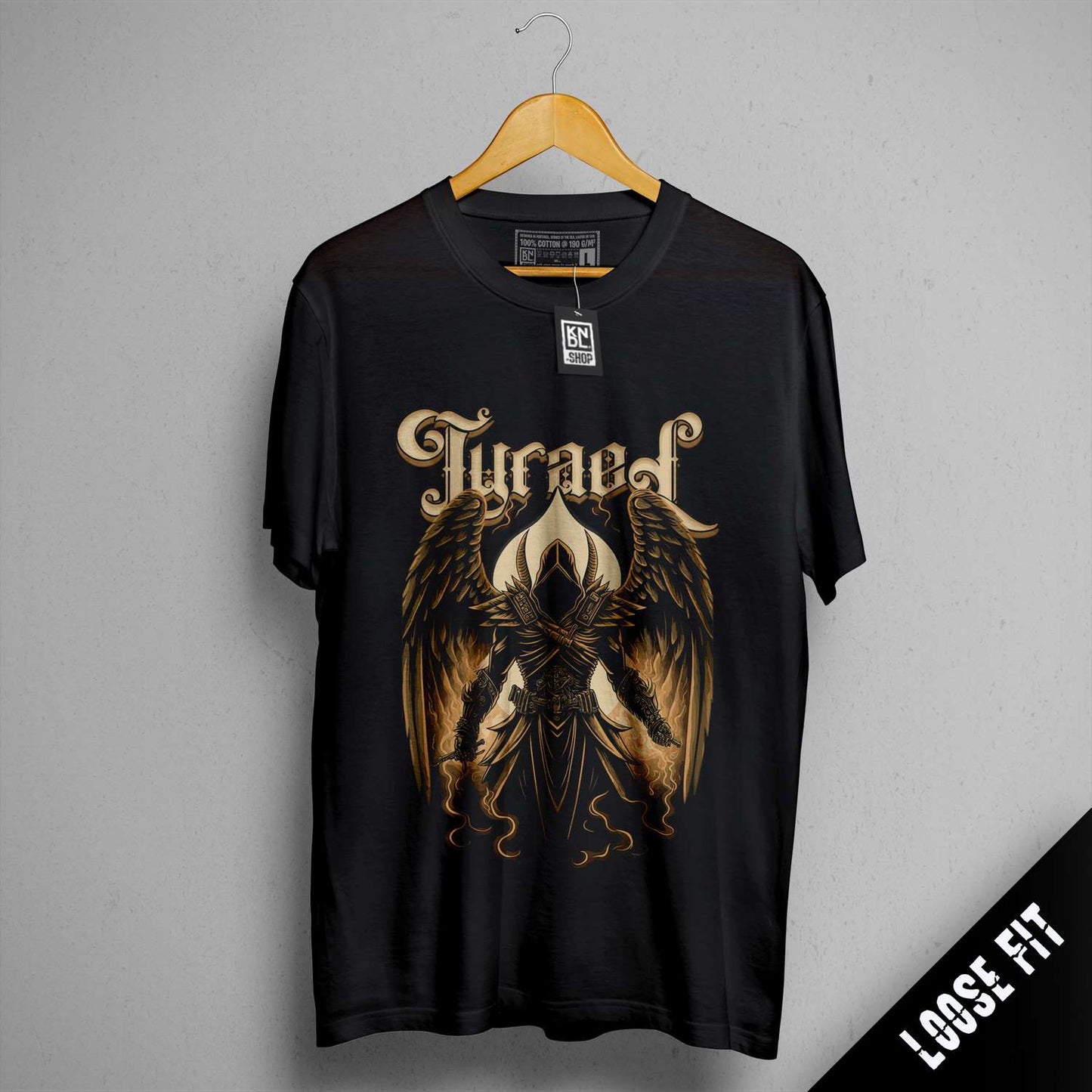 a black t - shirt with a picture of an angel on it