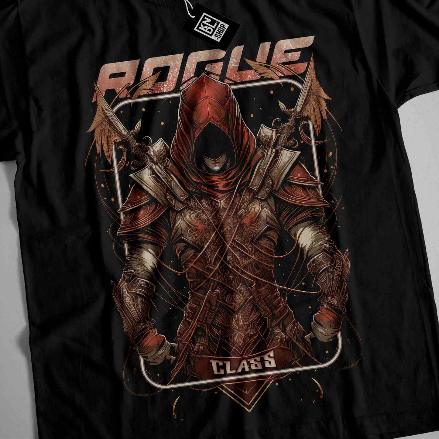 a black t - shirt with a graphic of a knight holding two swords