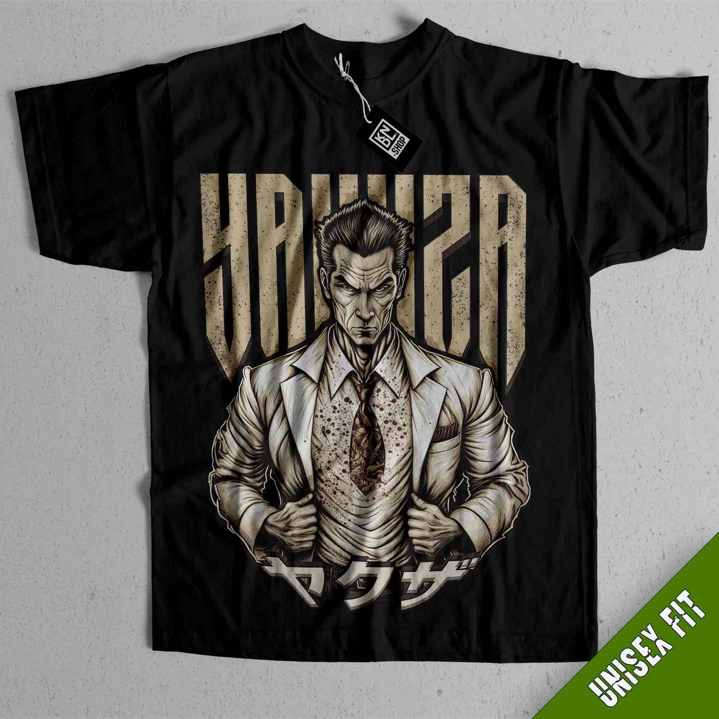 a black shirt with a picture of a man in a suit