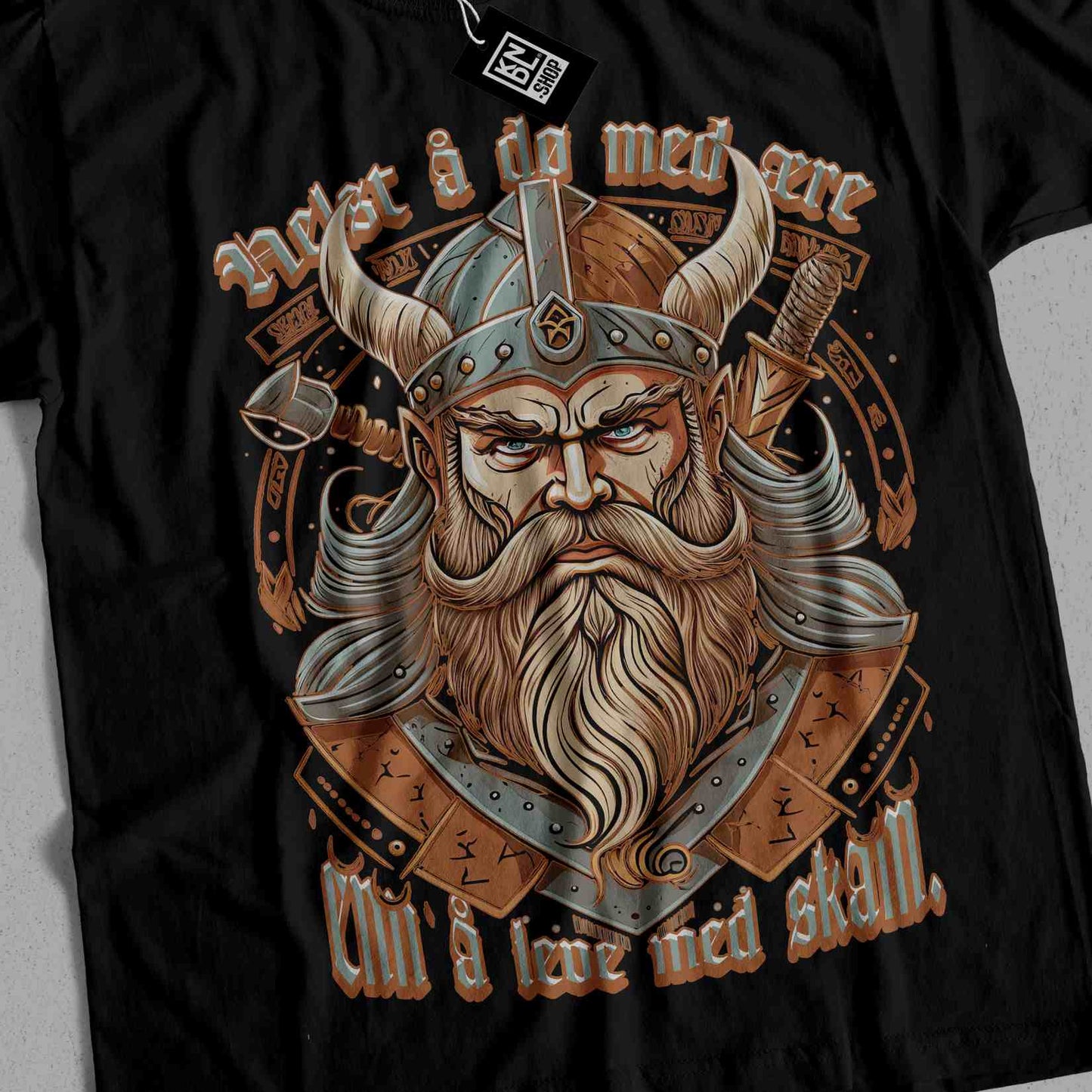 a black t - shirt with an image of a viking
