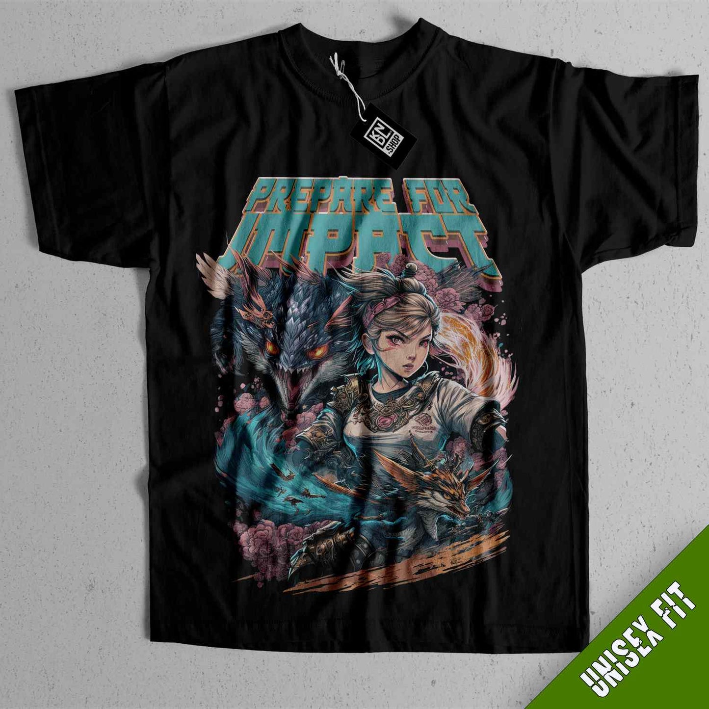 a black shirt with a picture of a girl holding a gun