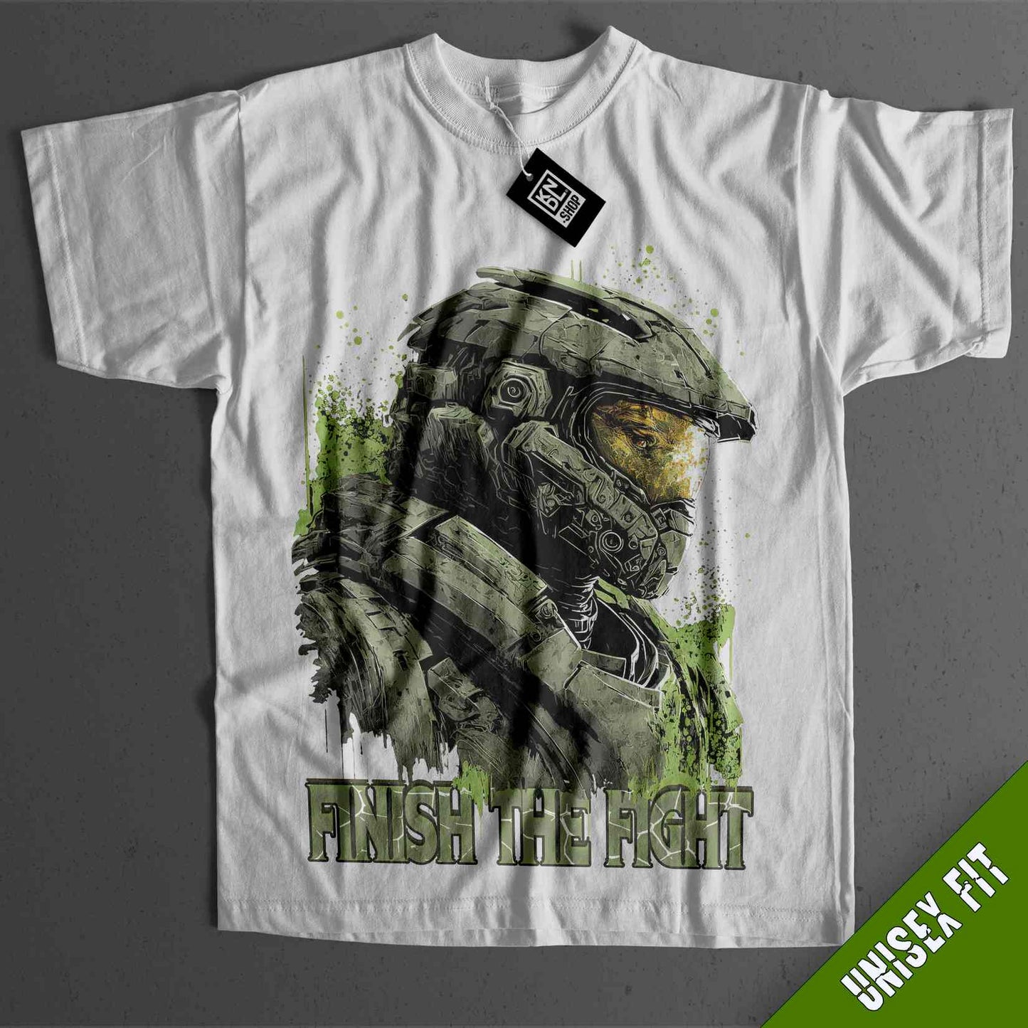 a white t - shirt with an image of a soldier
