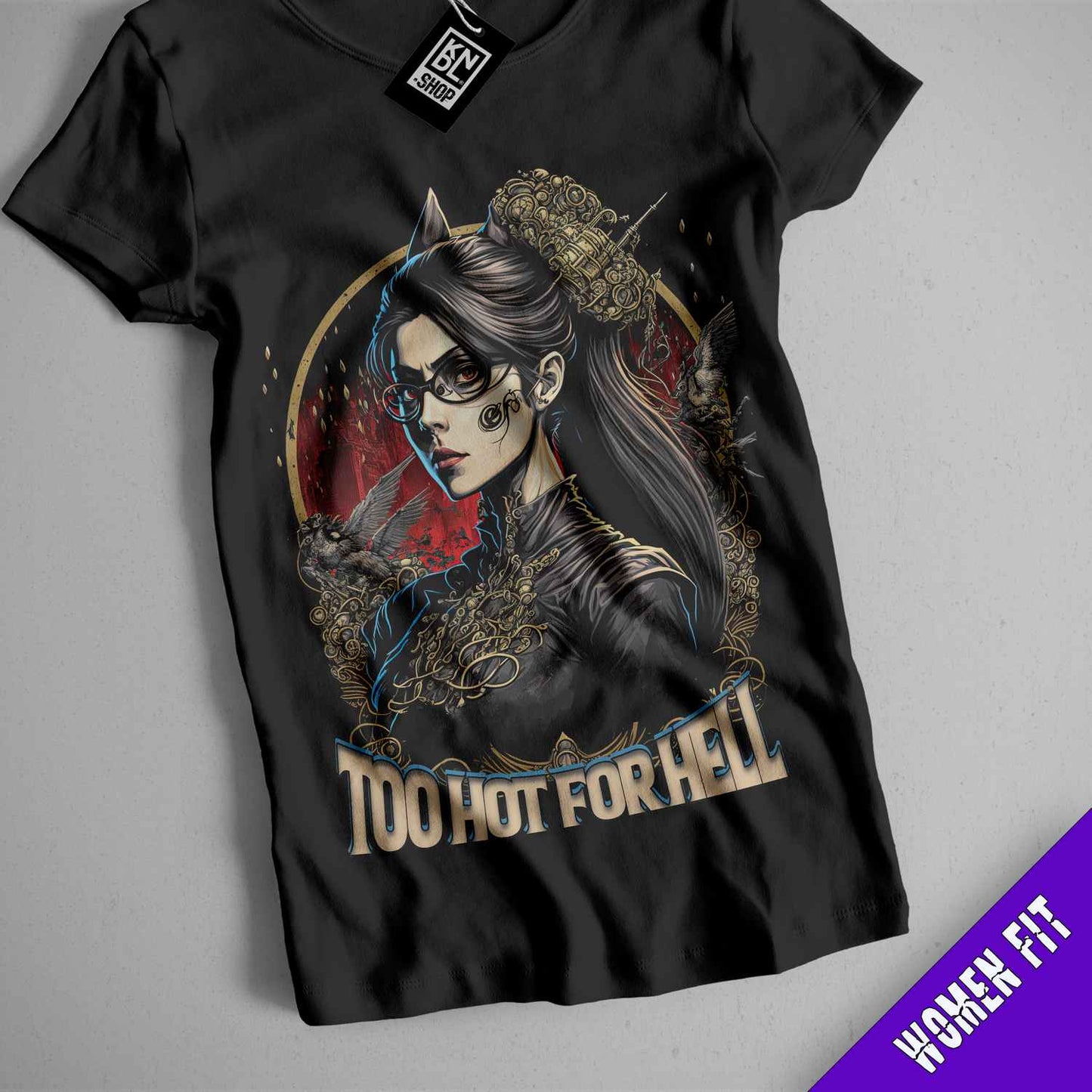 a t - shirt with a picture of a woman with a cat on it