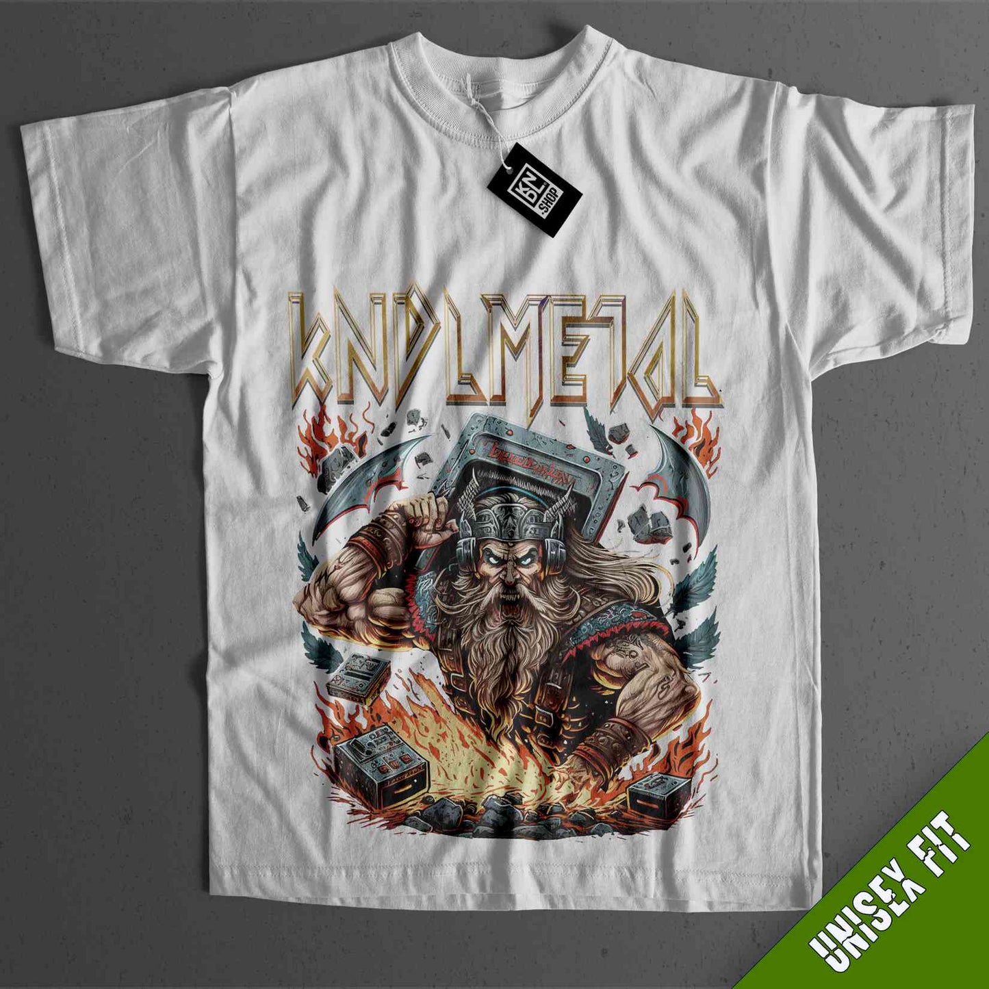 a white t - shirt with an image of an old man holding a hammer