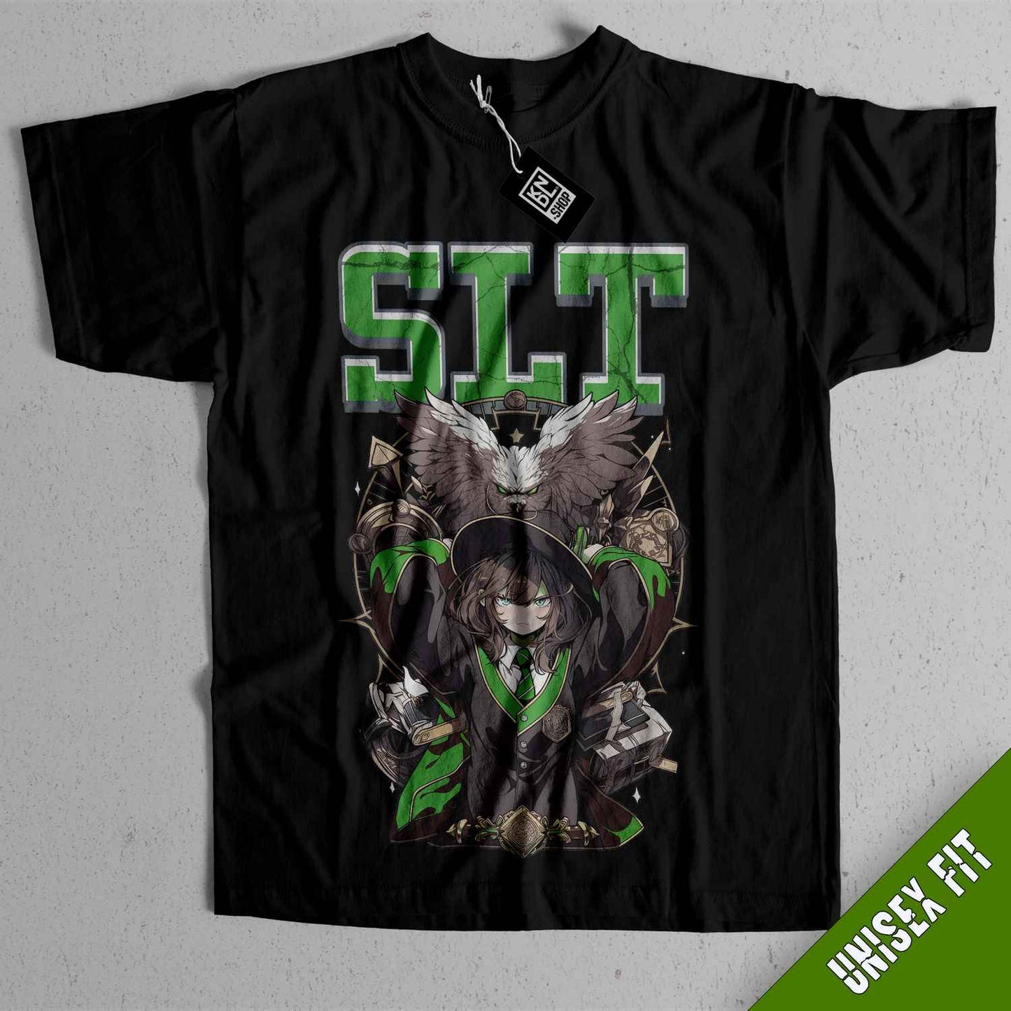 a black t - shirt with a green and white design on it