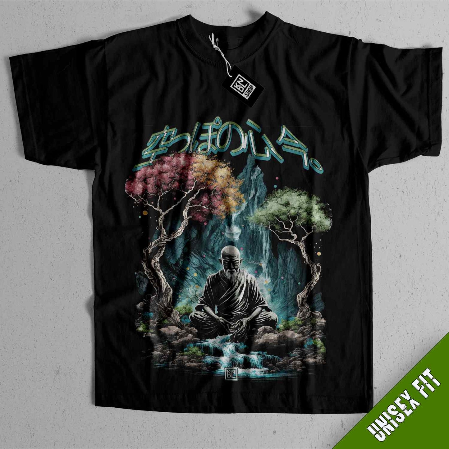 a black t - shirt with an image of a buddha sitting on a rock
