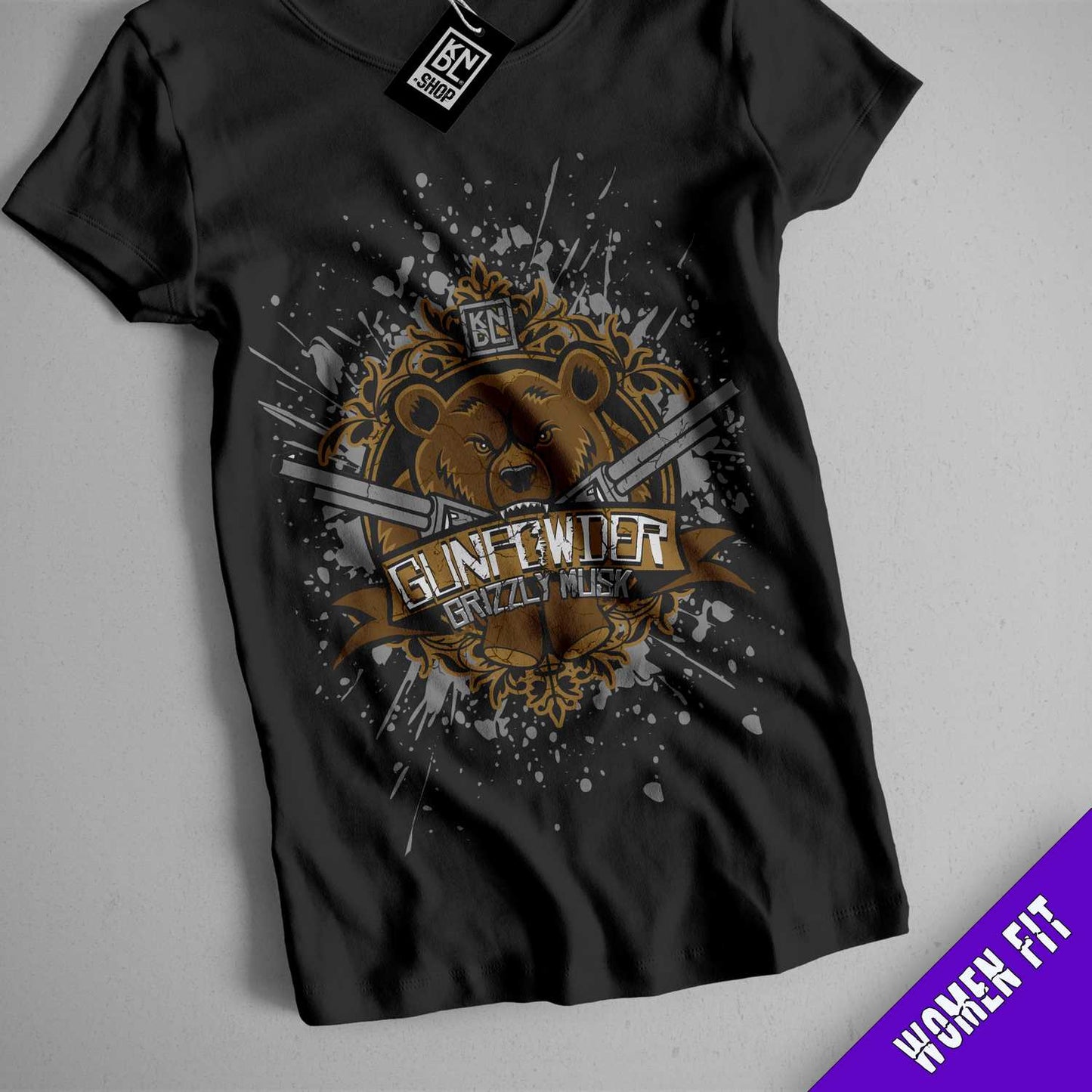 a black t - shirt with a brown bear on it