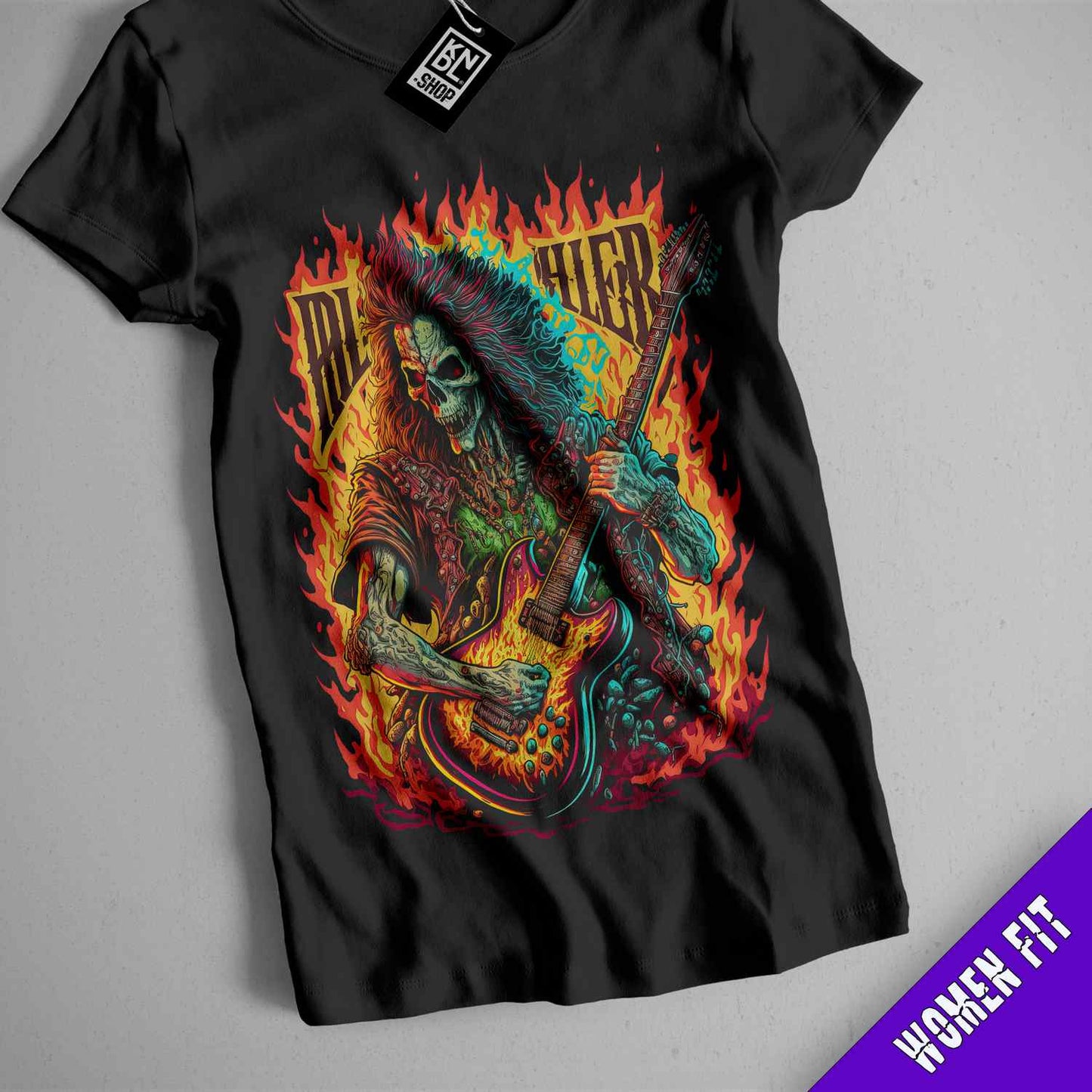 a black shirt with a skeleton playing a guitar