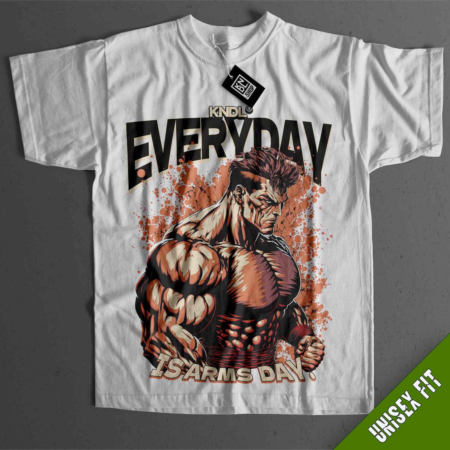 a white t - shirt with an image of a muscular man