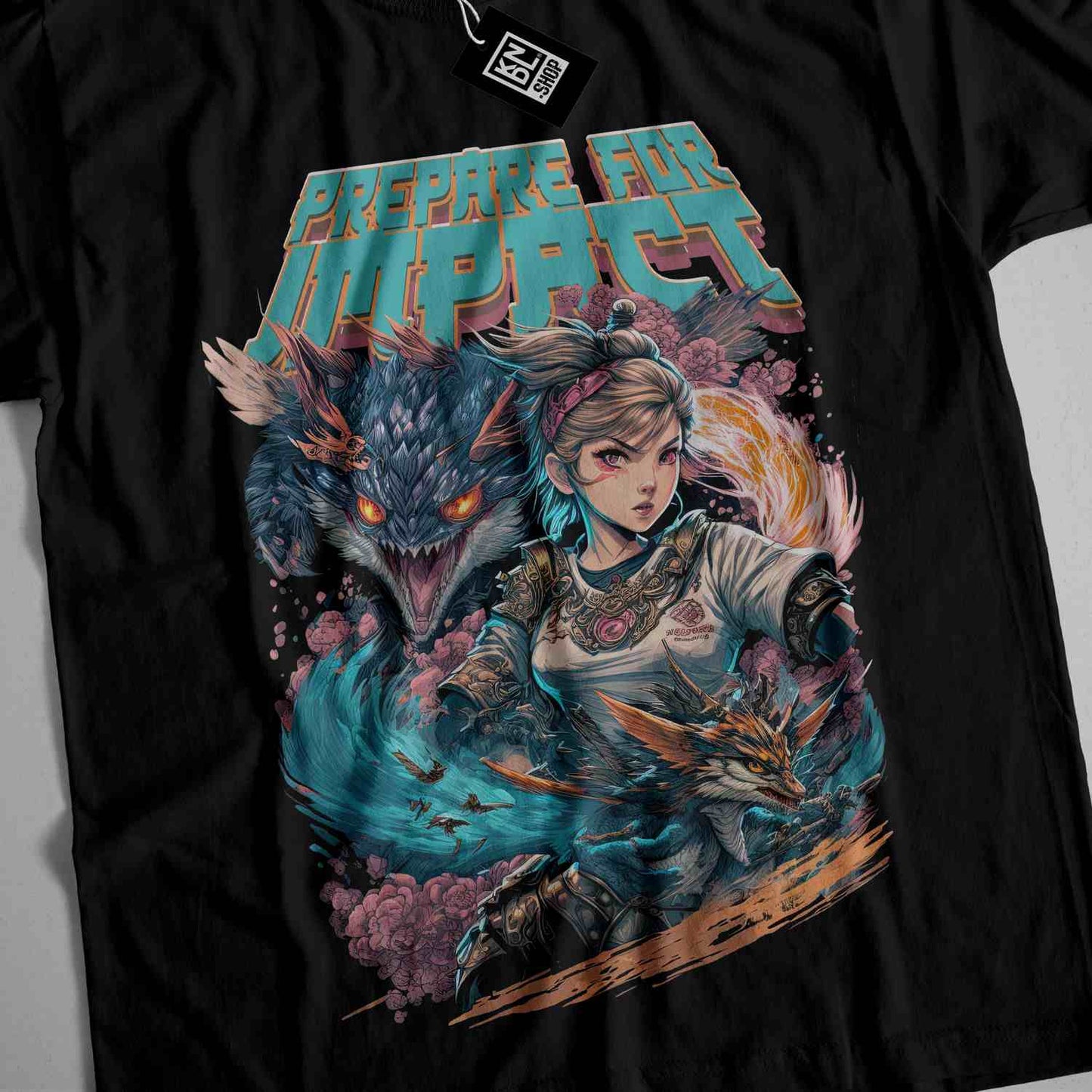 a black t - shirt with a picture of a girl and a dragon on it