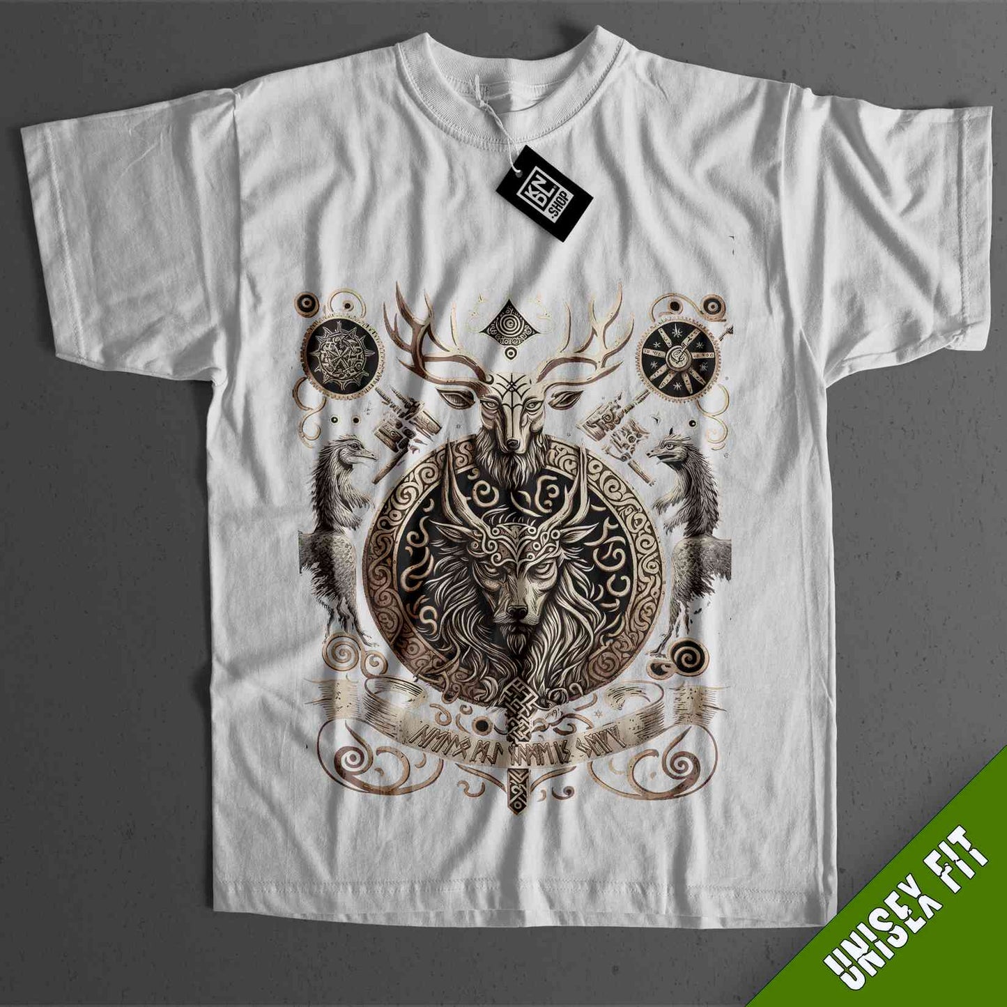 a white t - shirt with a picture of a wolf on it