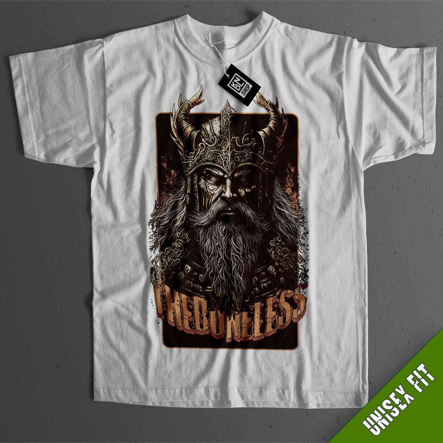 a white t - shirt with an image of a viking
