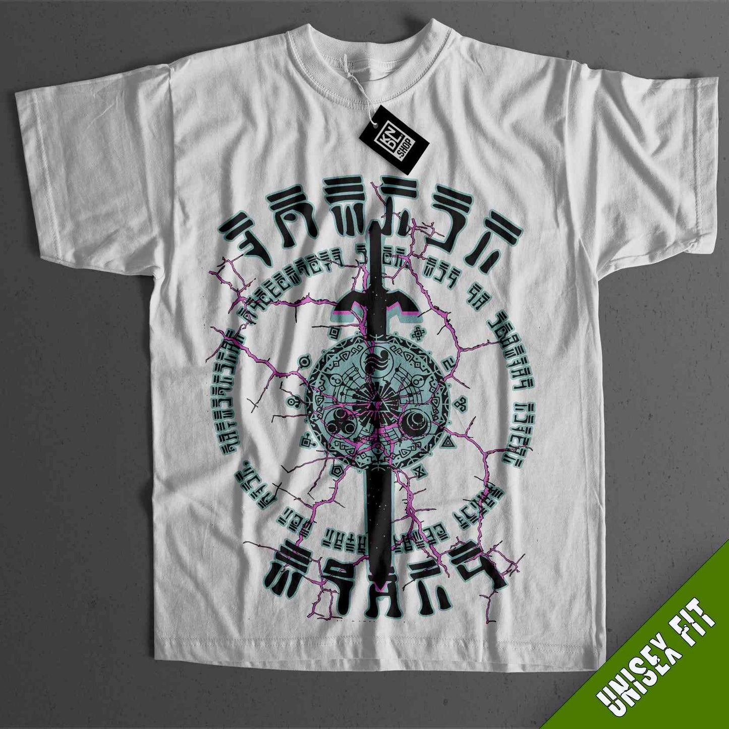 a white t - shirt with a green design on it