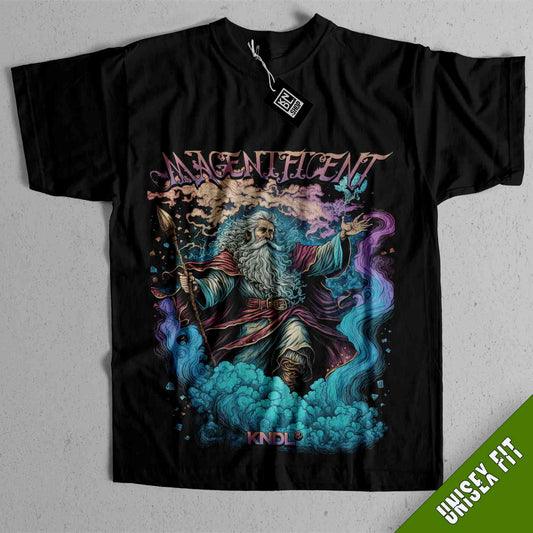 a black shirt with an image of a wizard on it
