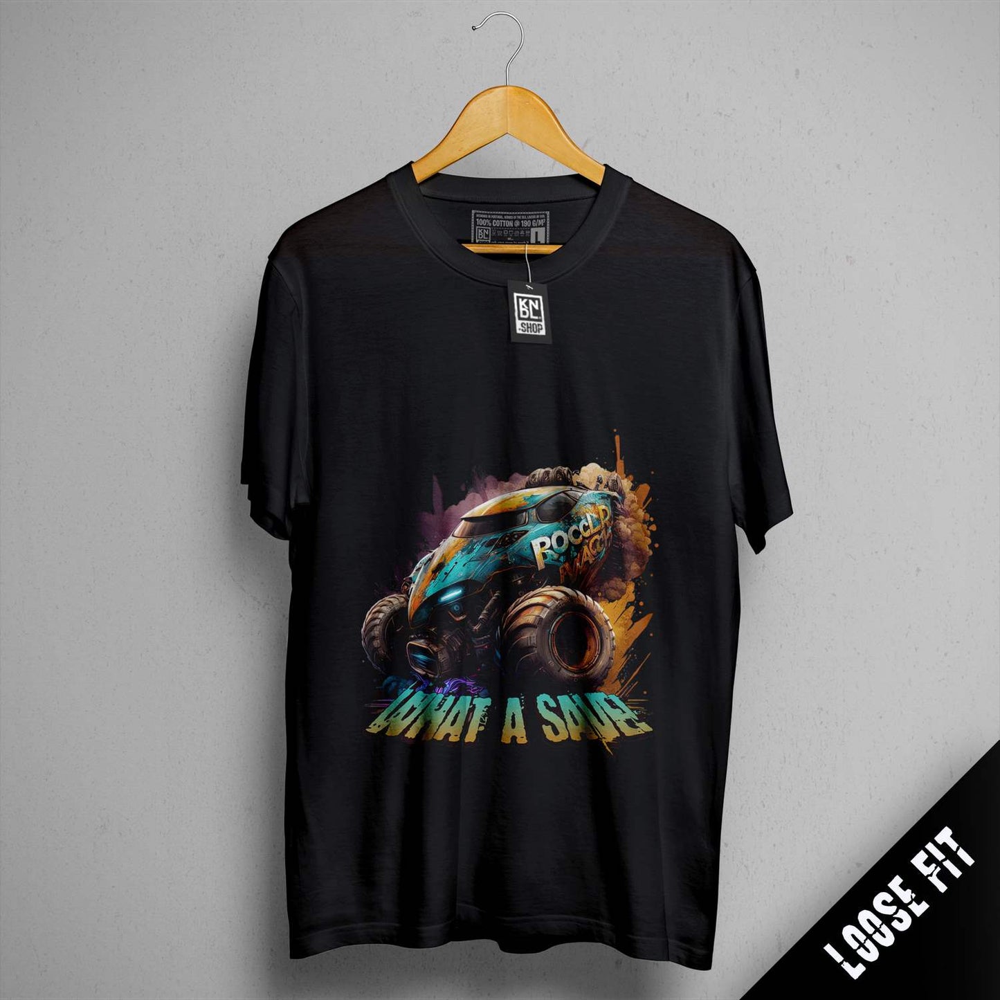 a black t - shirt with an image of a monster truck on it
