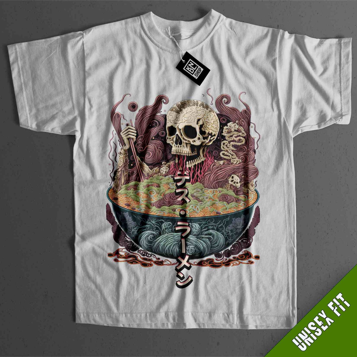 a white t - shirt with a skeleton in a bowl