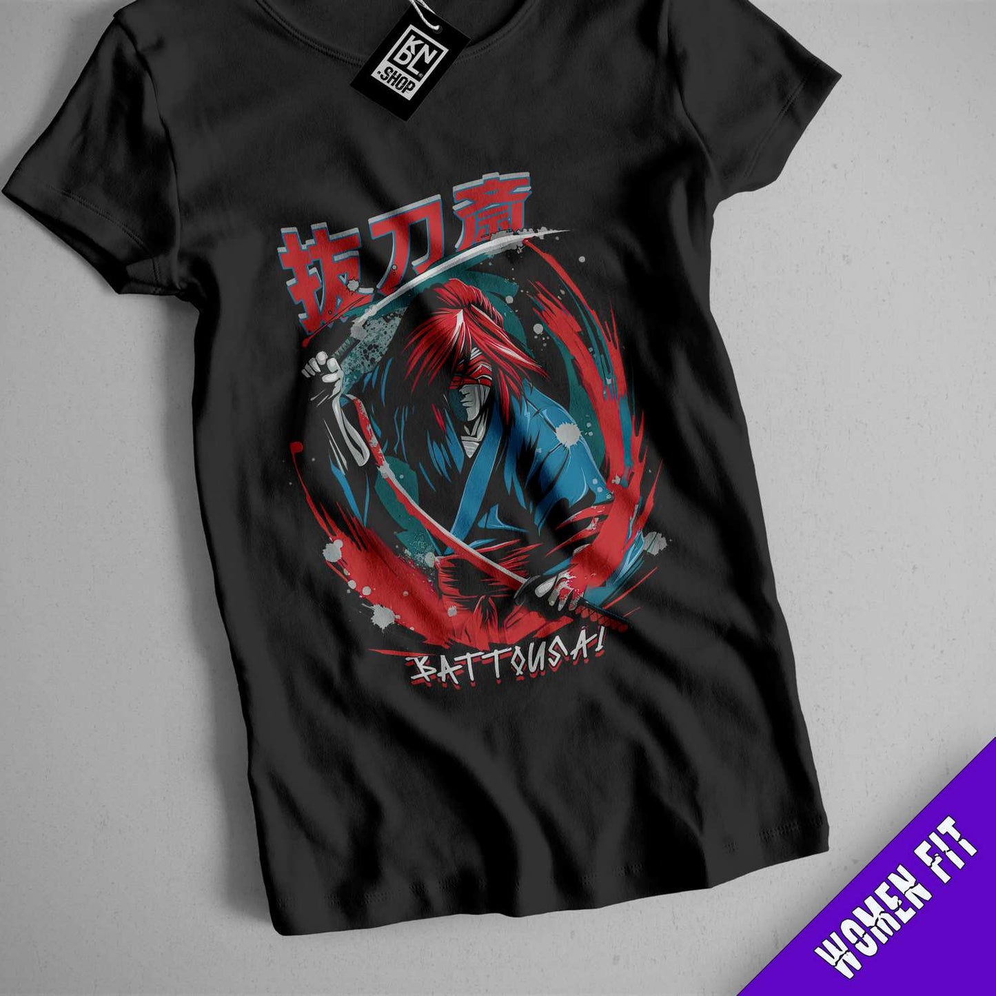 a black shirt with a picture of a man holding a knife