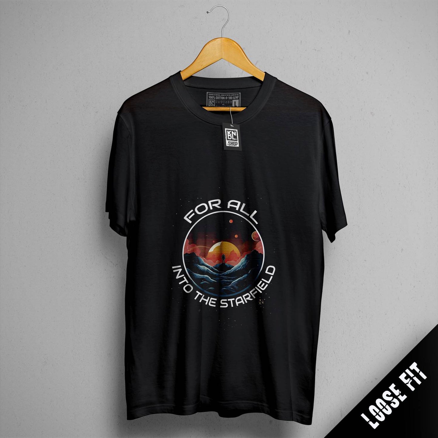 a black t - shirt with the words for all and the stars on it