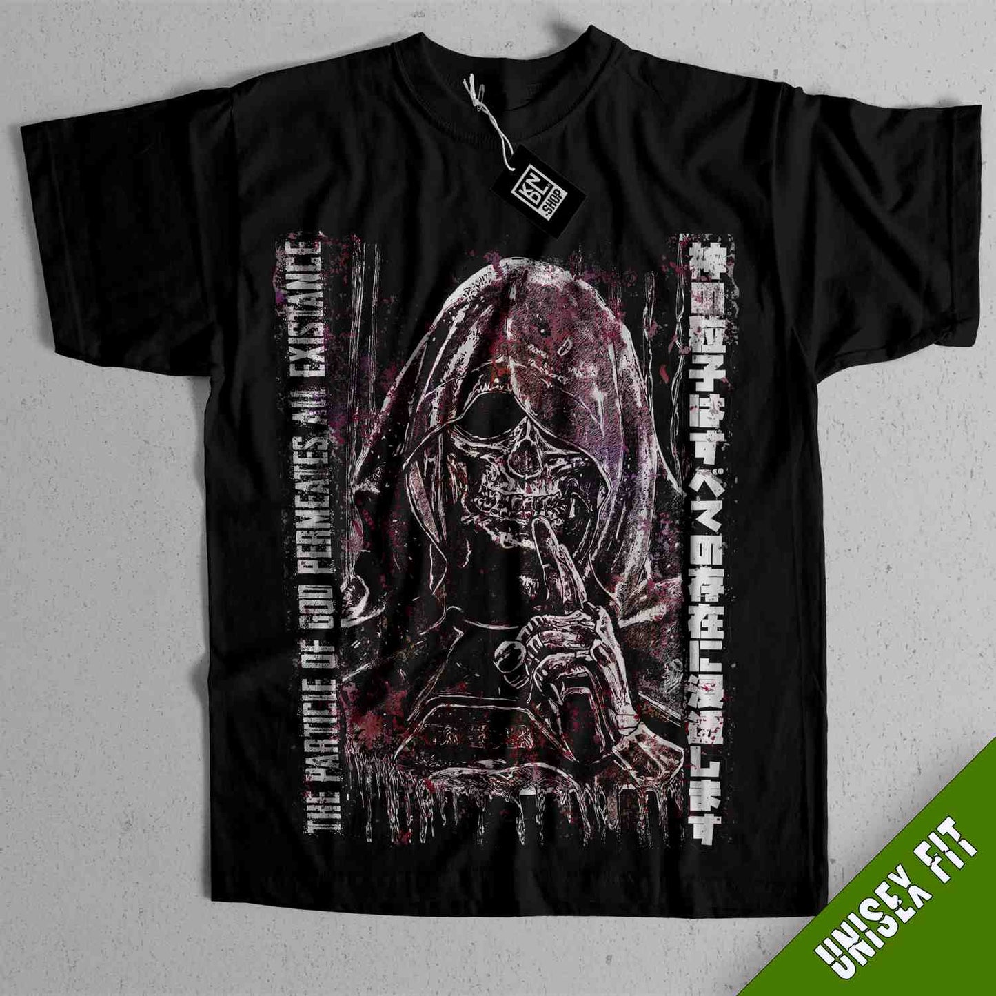 a black shirt with a picture of a skeleton holding a knife