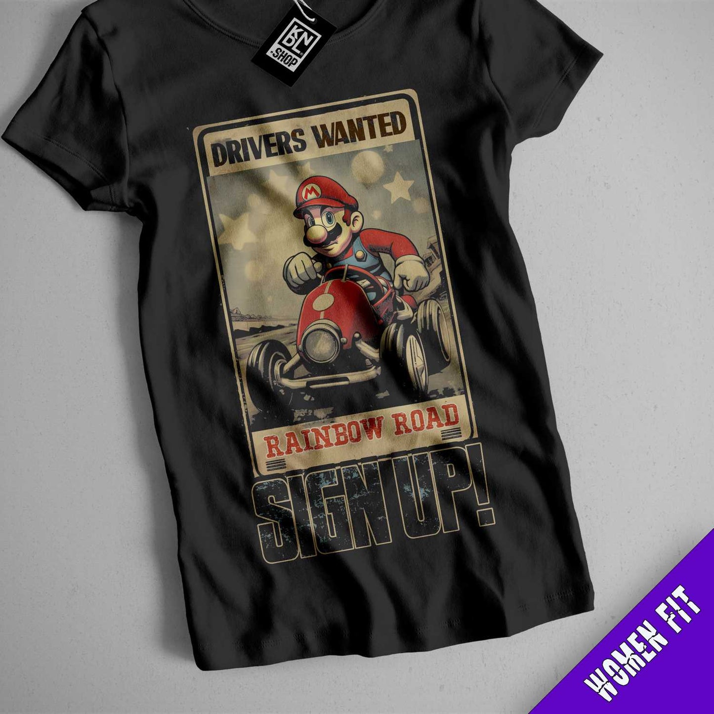 a black shirt with a mario kart driving a motorcycle