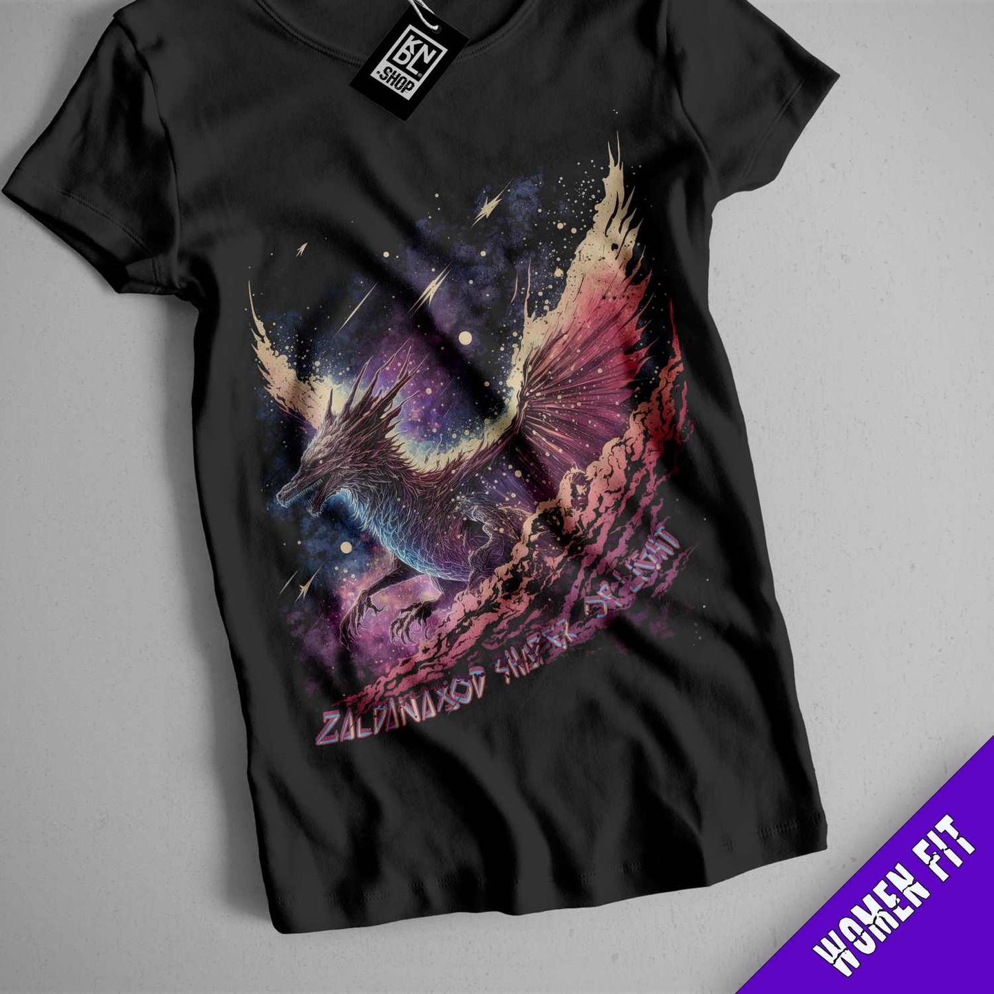 a black t - shirt with a picture of a dragon on it