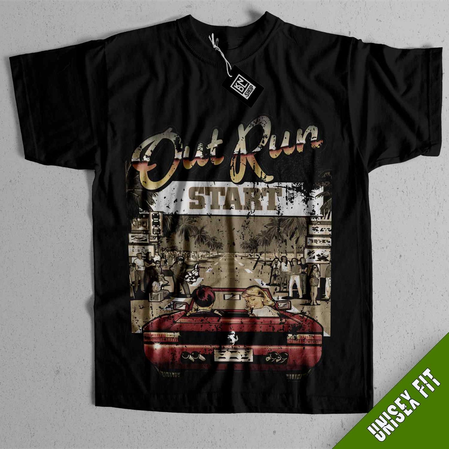 a black shirt with a red car on it