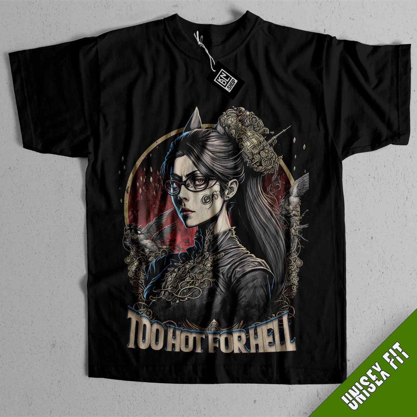 a black t - shirt with a picture of a woman wearing glasses