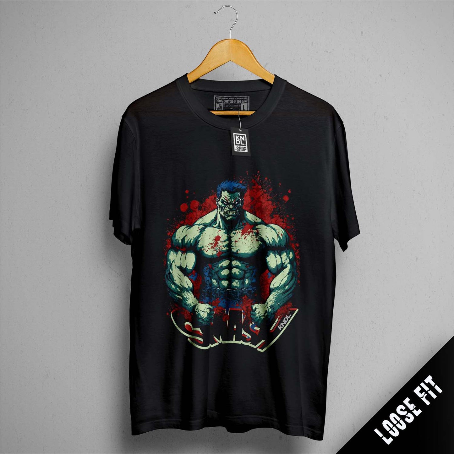 a black t - shirt with a picture of a man holding a knife