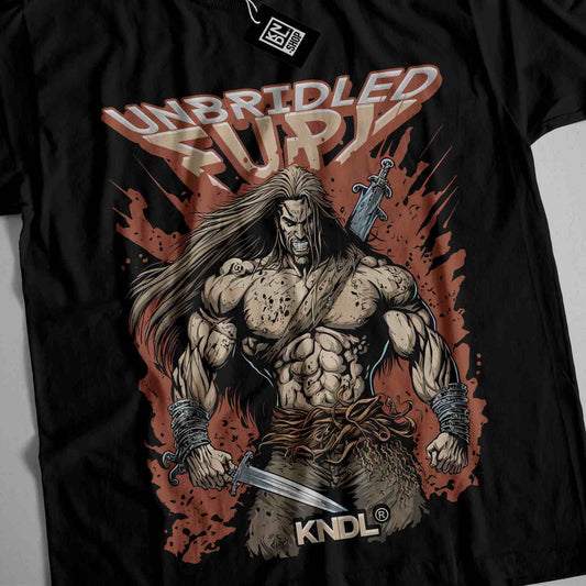 a black shirt with a picture of a man holding a sword