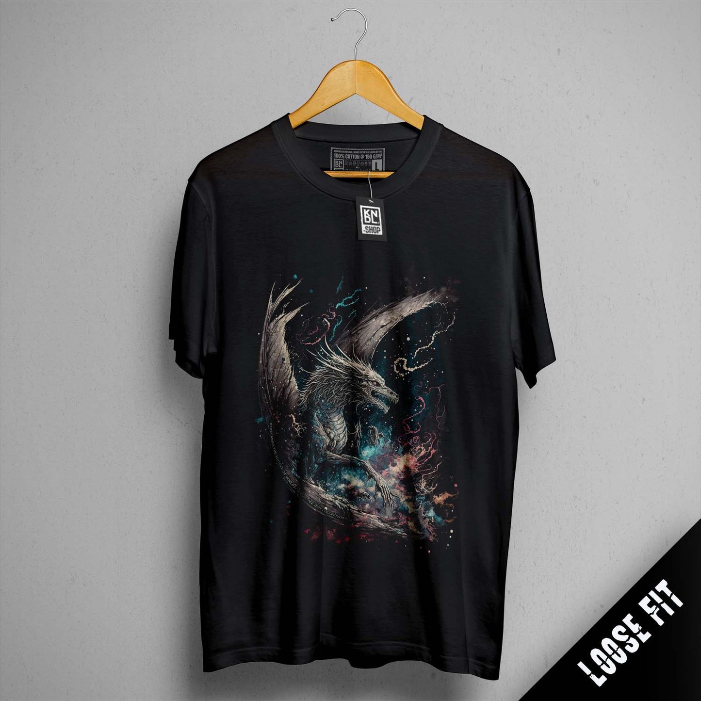 a black t - shirt with a picture of a dragon on it