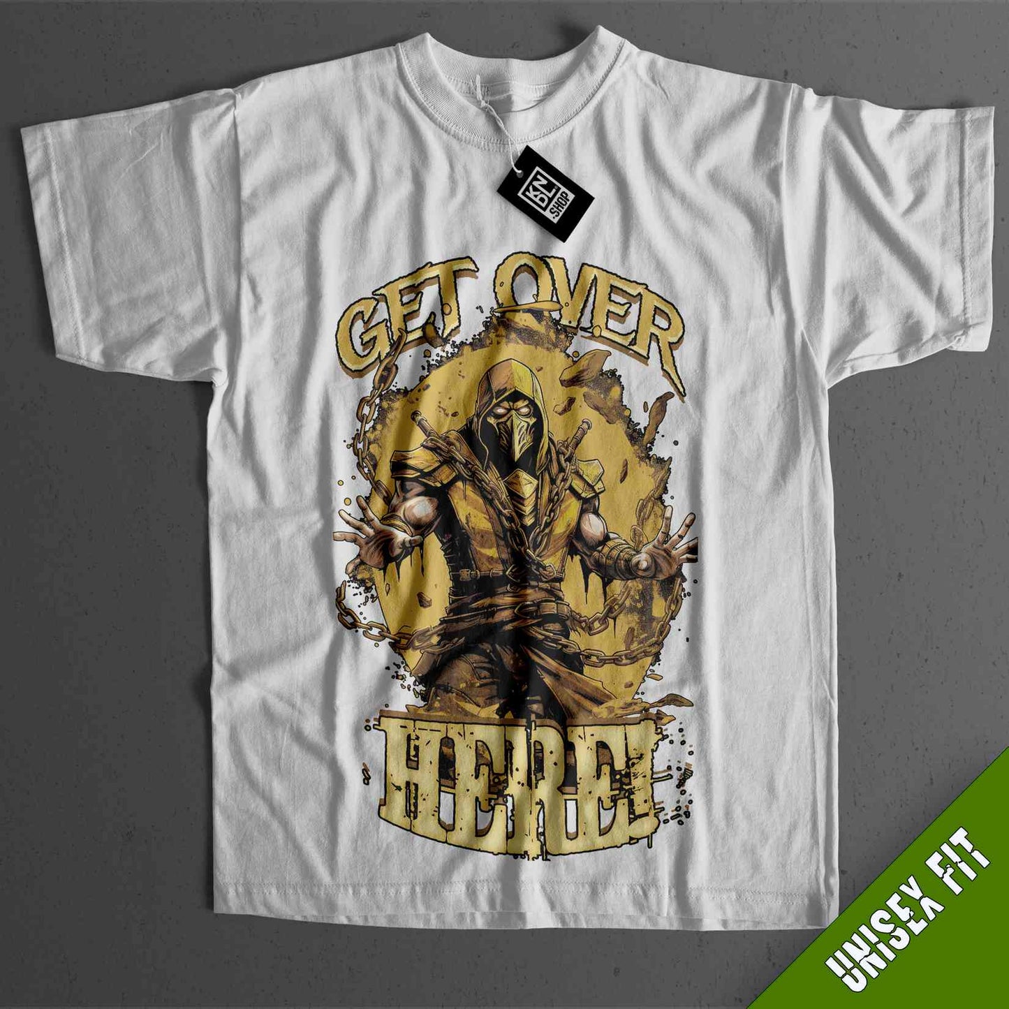 a white t - shirt with an image of a man holding a sword