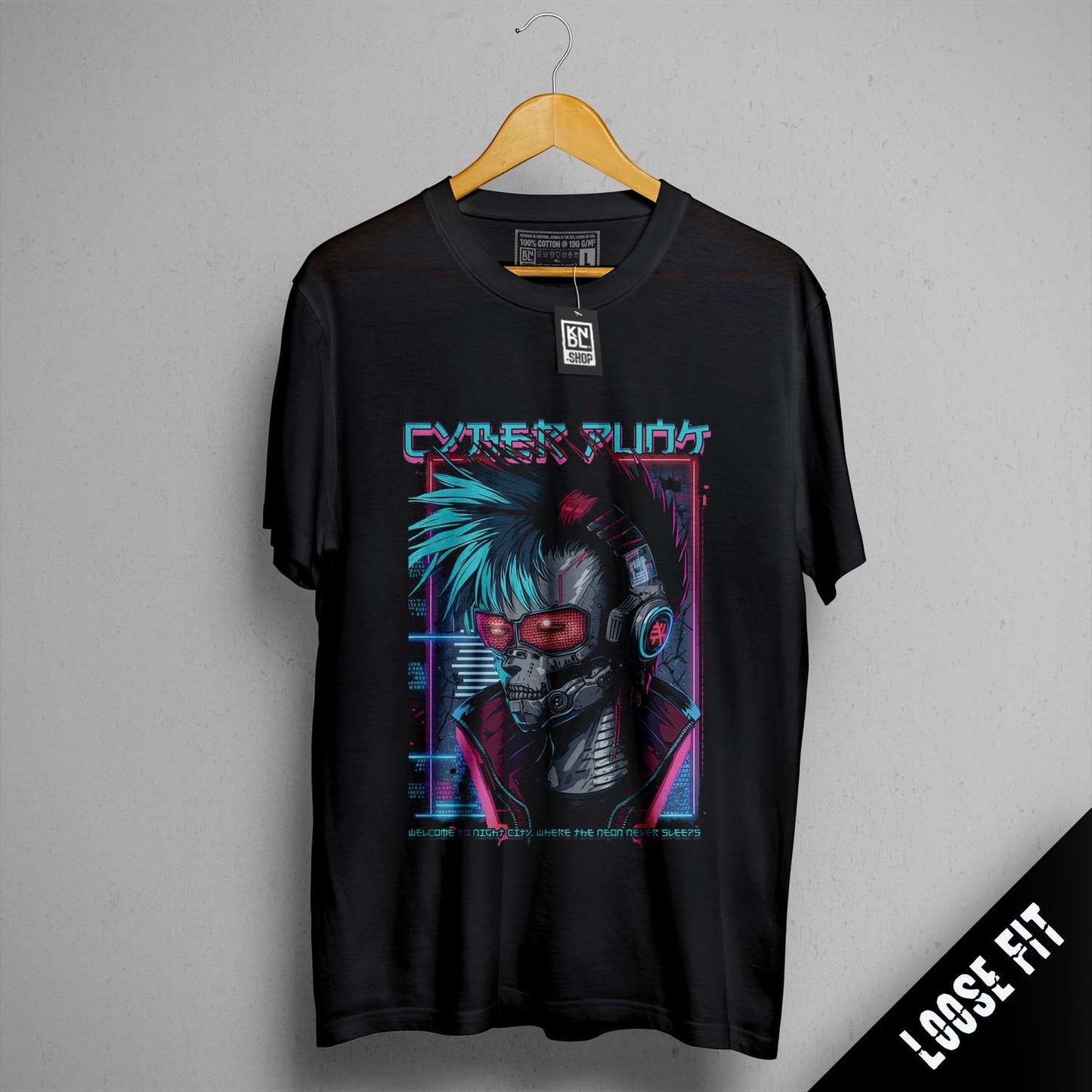 a black shirt with a picture of a robot on it