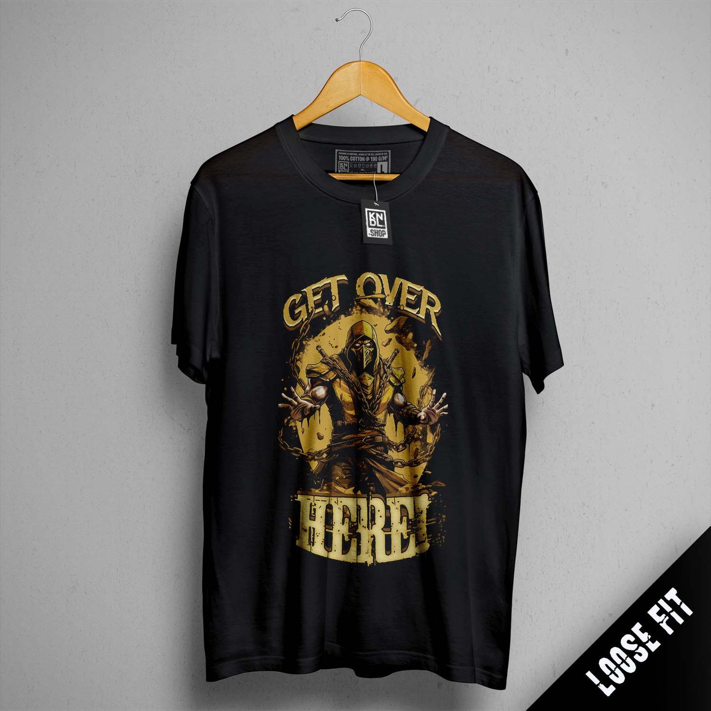 a black t - shirt with the words get over here on it