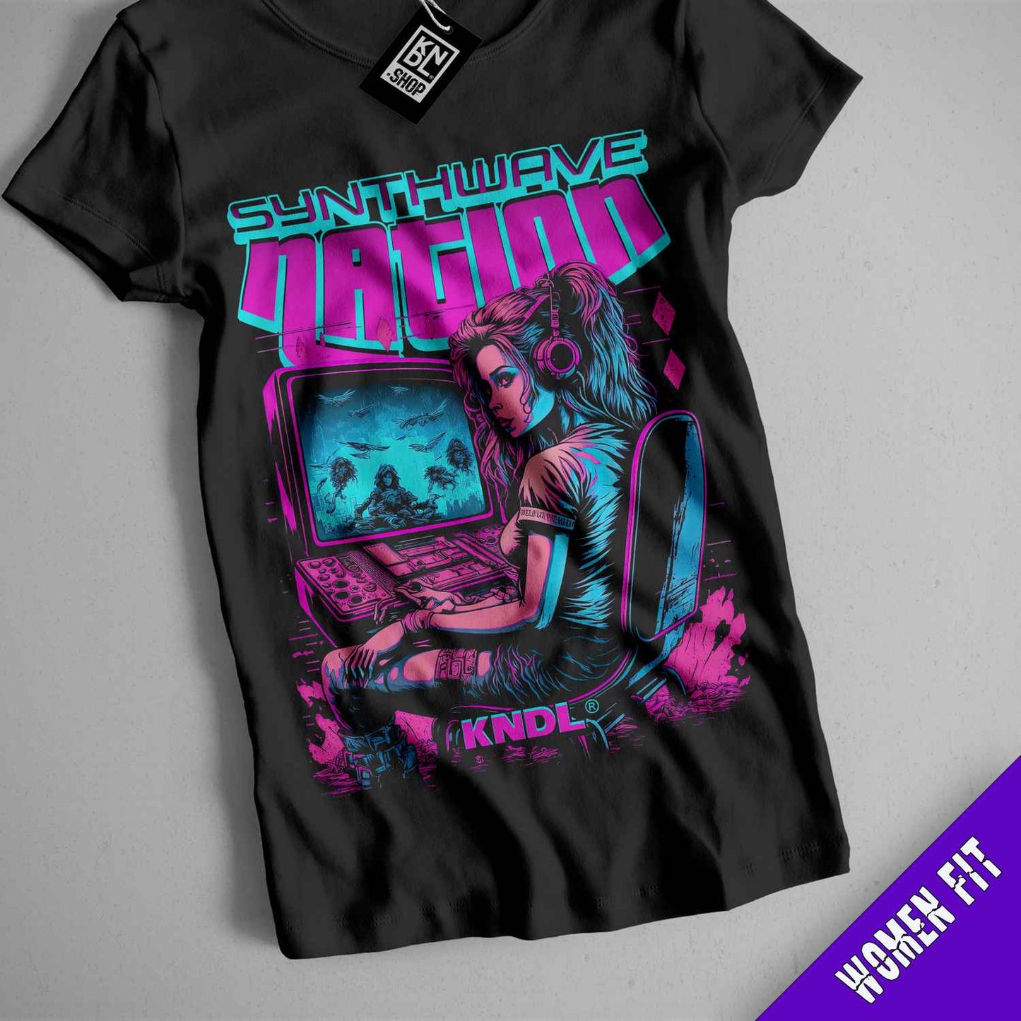 a t - shirt with an image of a woman sitting in front of a computer