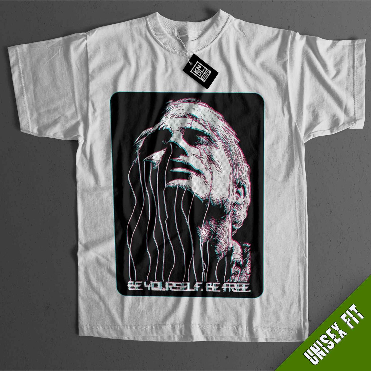 a white t - shirt with a picture of a man's face on it