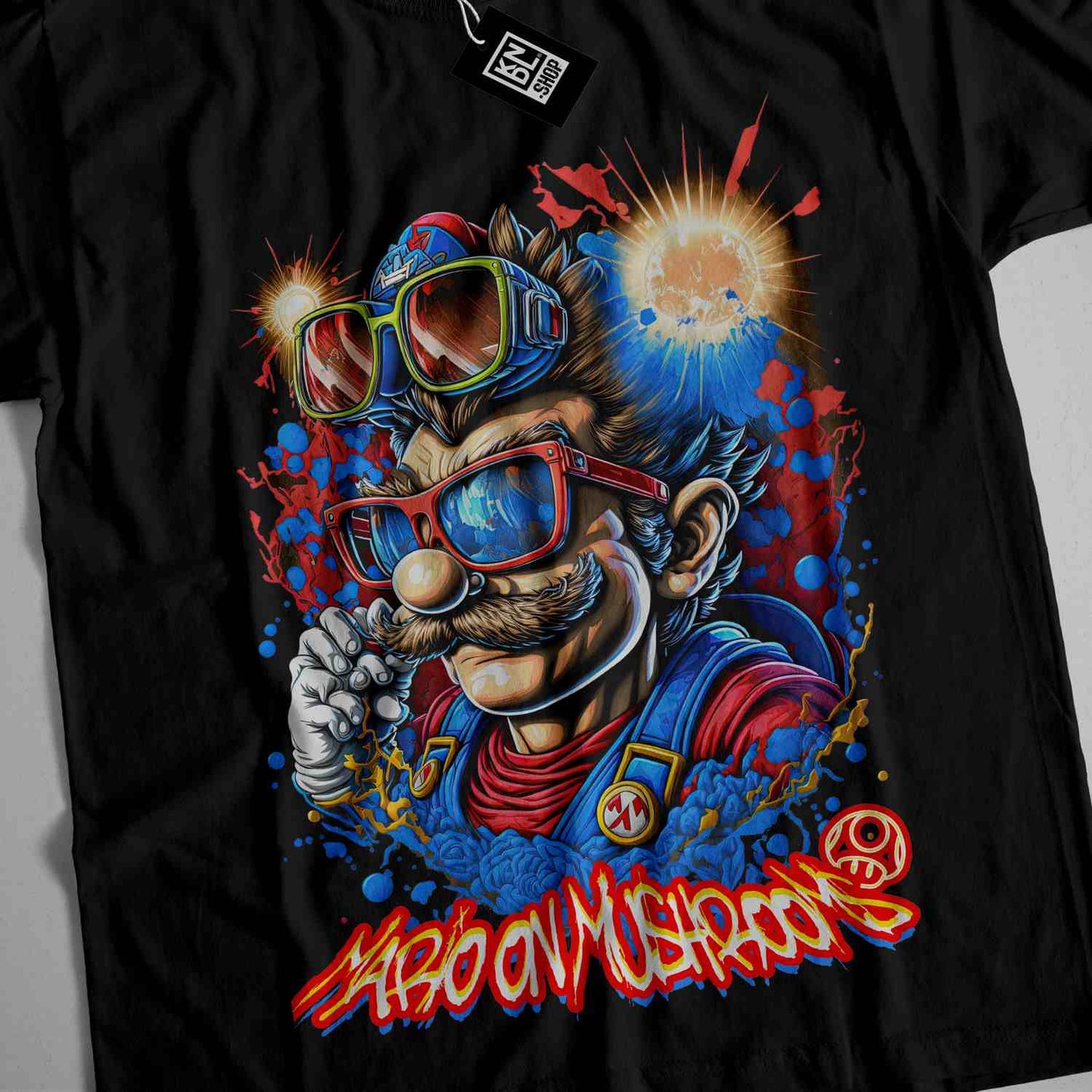 a black t - shirt with an image of a man wearing goggles