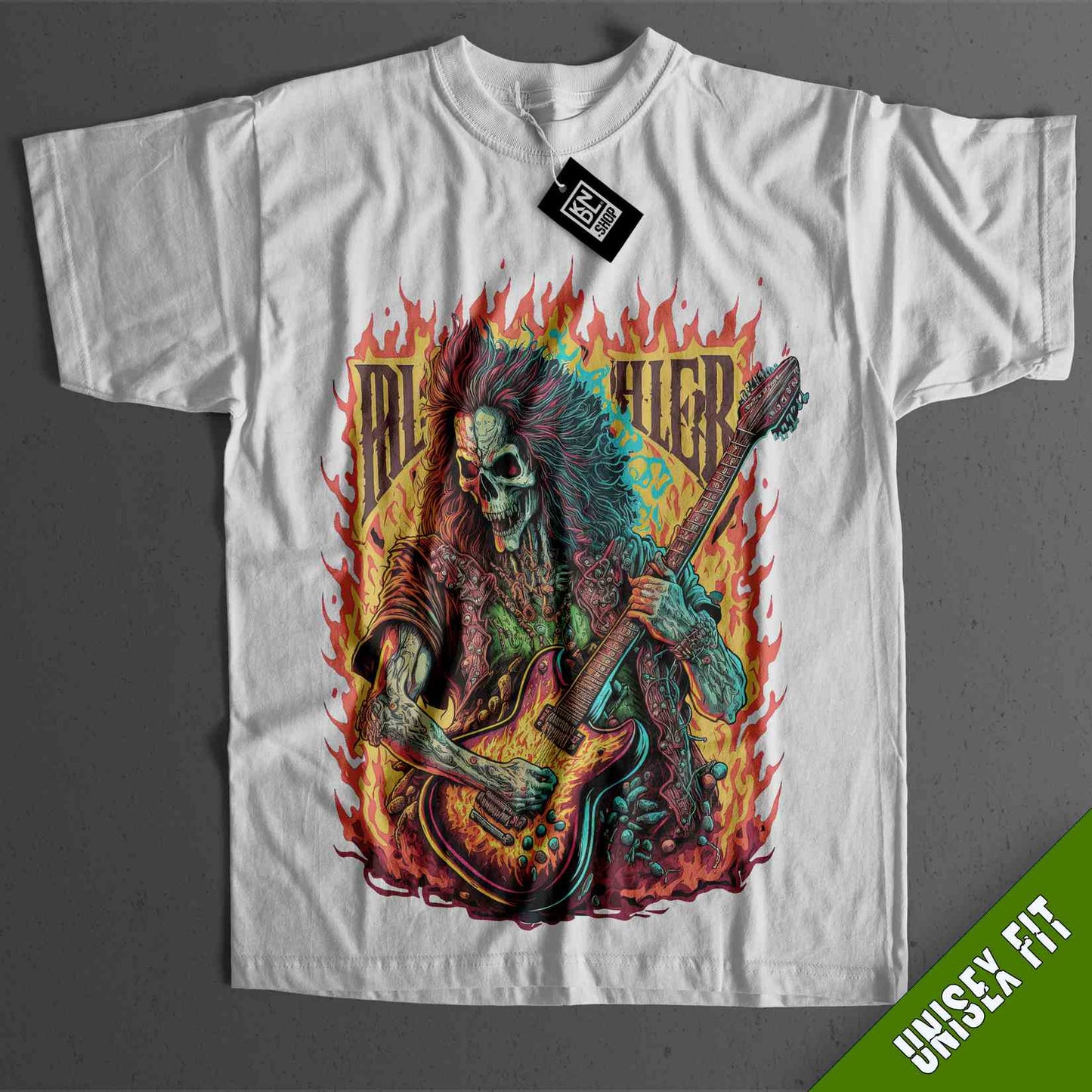 a white shirt with a skeleton playing a guitar