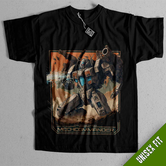 a black t - shirt with a picture of a robot on it