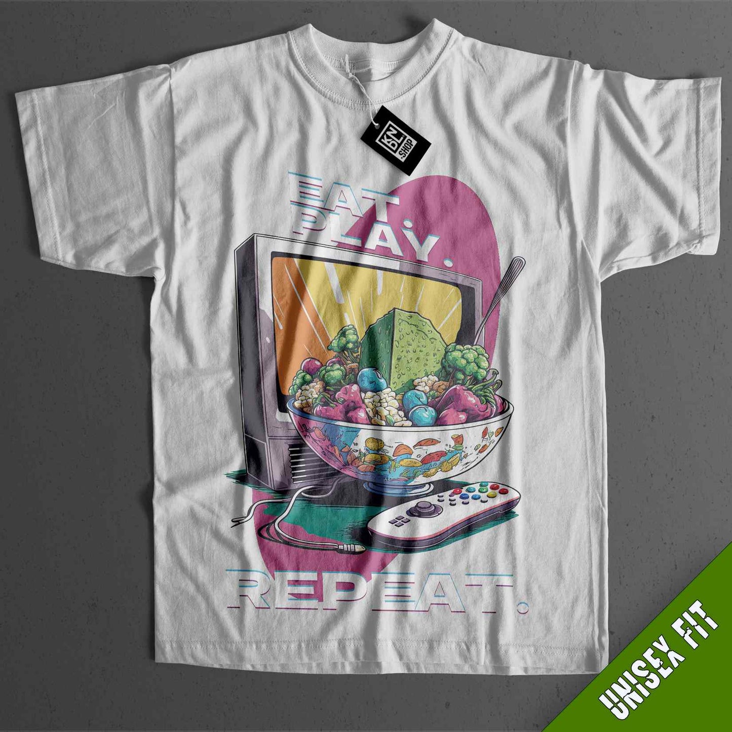 a t - shirt with a picture of a bowl of fruit on it