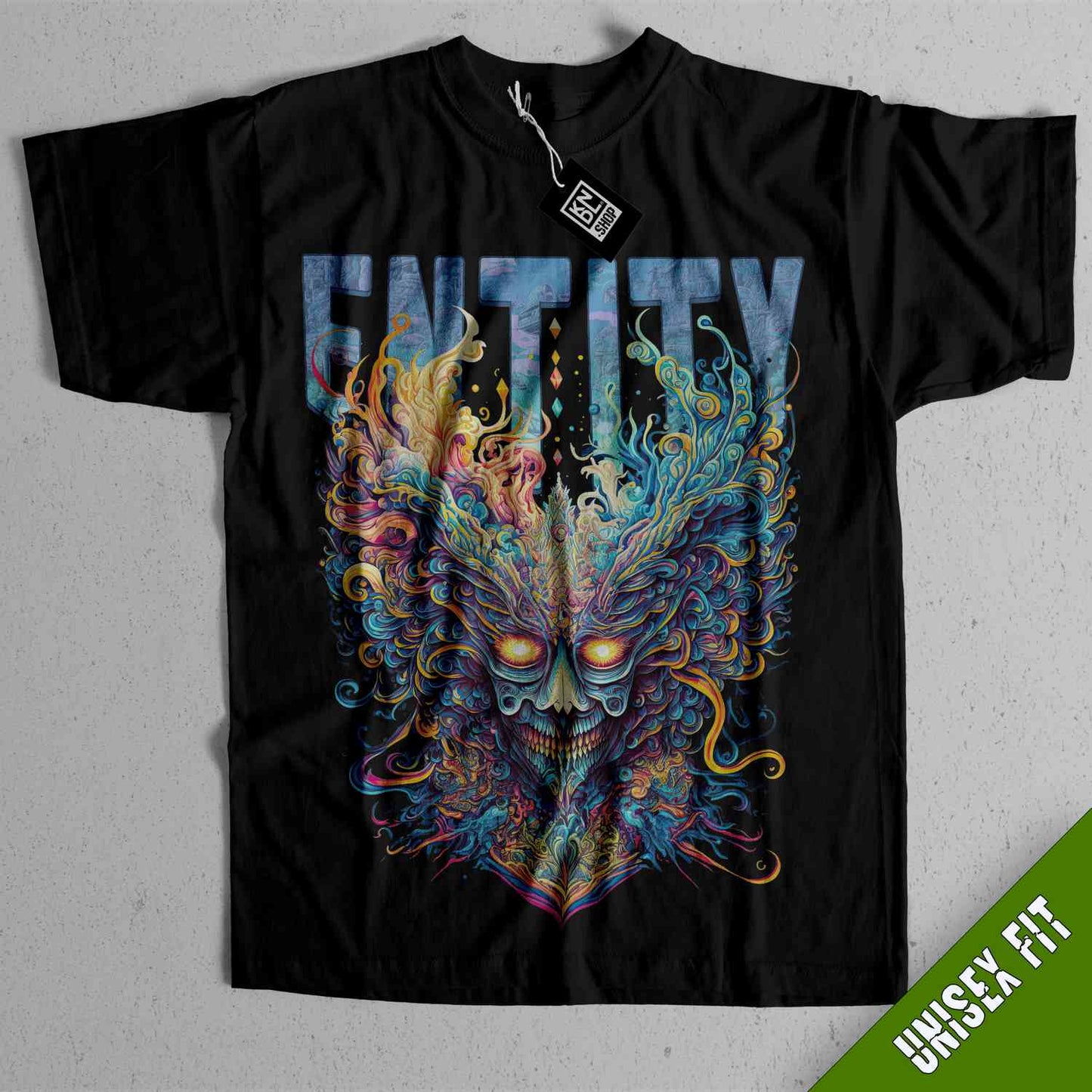 a black t - shirt with an image of a mask on it